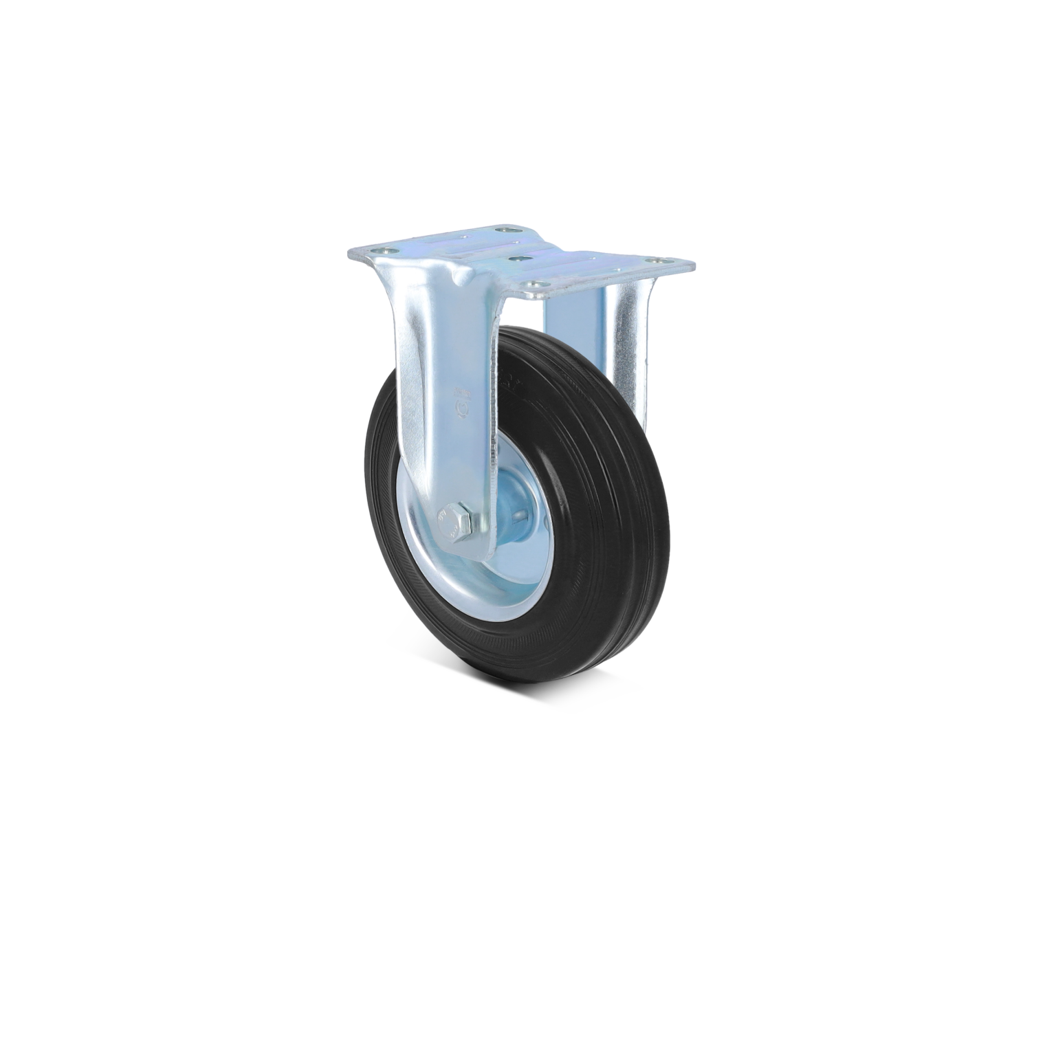 A black rubber wheel, mounted on a metallic swivel plate, showing a sturdy construction. The design features a shiny silver finish on the mounting plate and is positioned against a colorful background.
