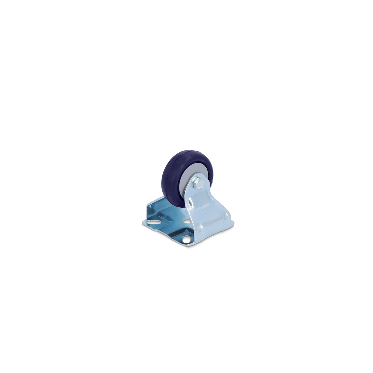 A small industrial caster with a blue rubber wheel mounted on a metallic plate. The plate features holes for secure attachment, positioned against a blank background.