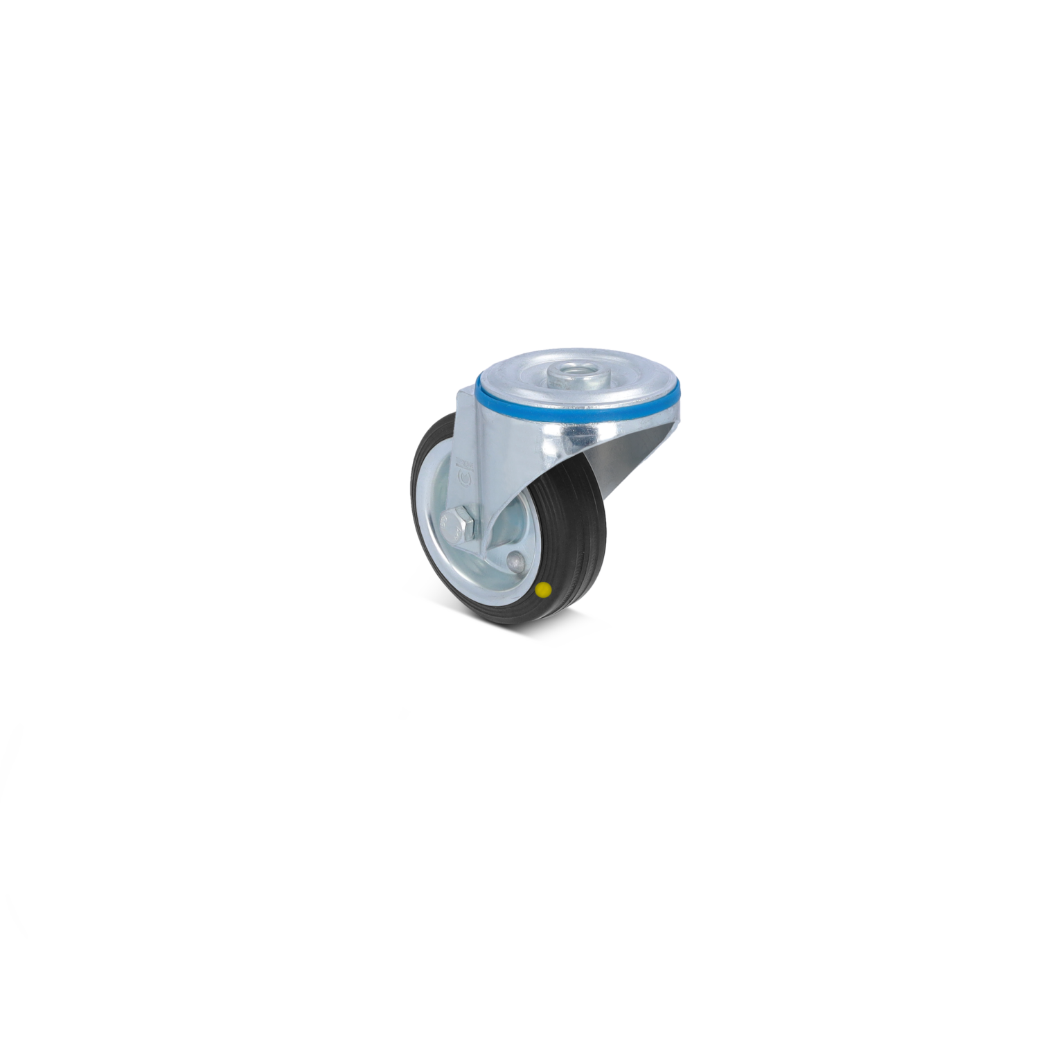 A swivel castor wheel features a black rubber tire and shiny metal housing with a blue band. It is positioned upright, suitable for material handling applications.