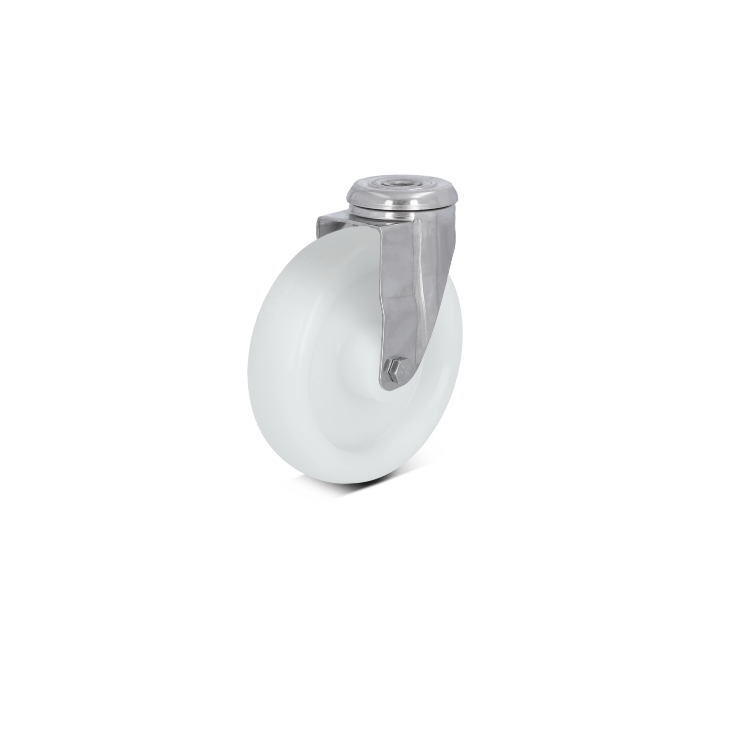 A white industrial wheel with a metallic mounting plate is positioned upright. The wheel appears smooth and circular, designed for easy movement in logistics applications, set against a blank background.