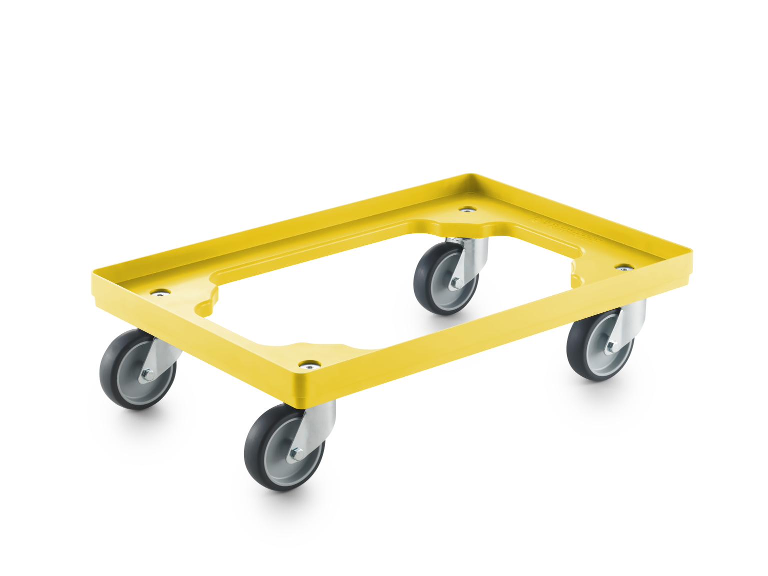 Stapelbare gele transportkar met vier zwenkwielen. De kar heeft een open bovenkant en is ontworpen voor het verplaatsen van goederen in een industriële omgeving.