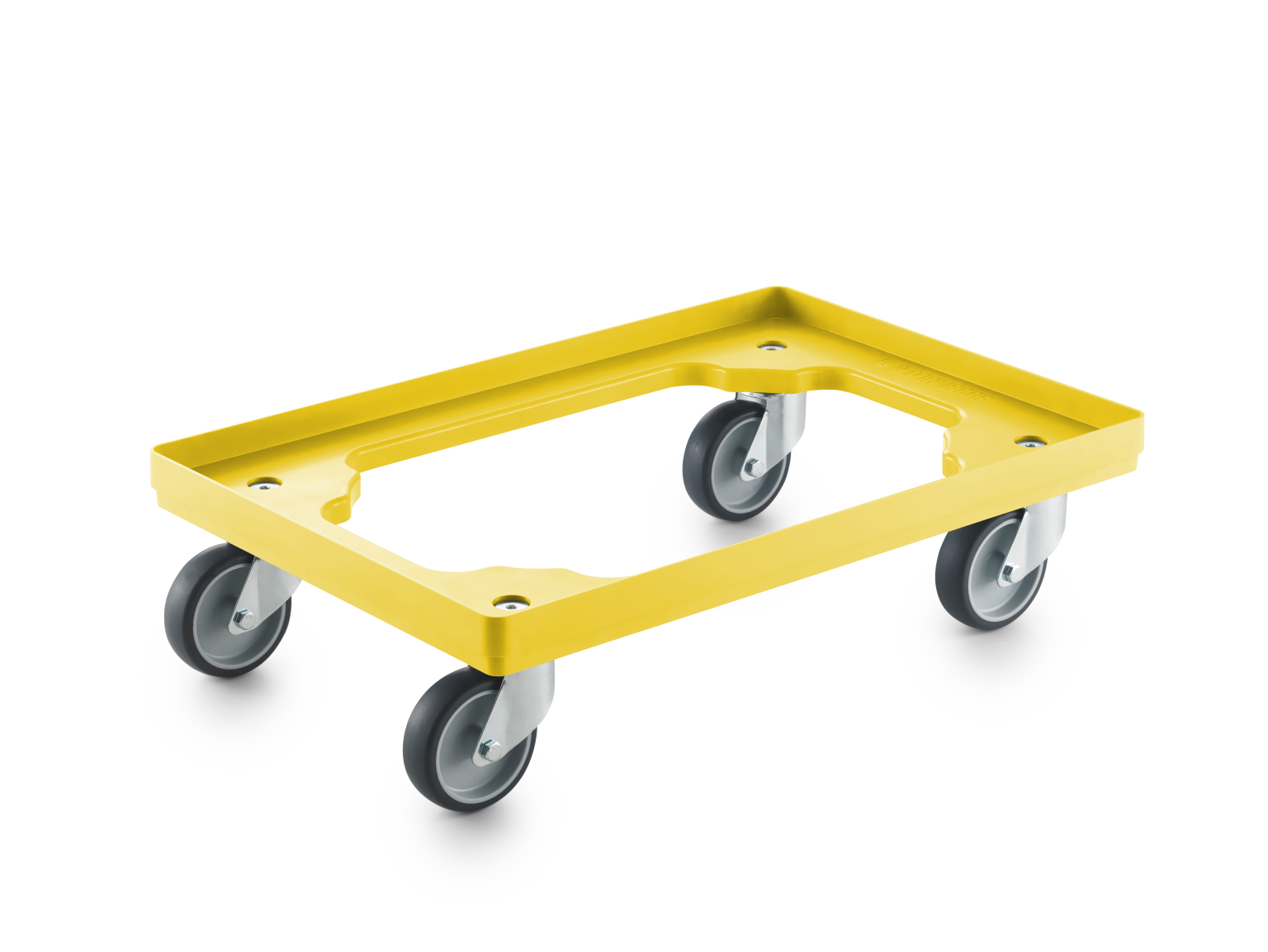 A yellow transport trolley featuring a rectangular base with side walls. It has four swivel castors, allowing for easy movement in an industrial setting. The surface is smooth and designed for stability.