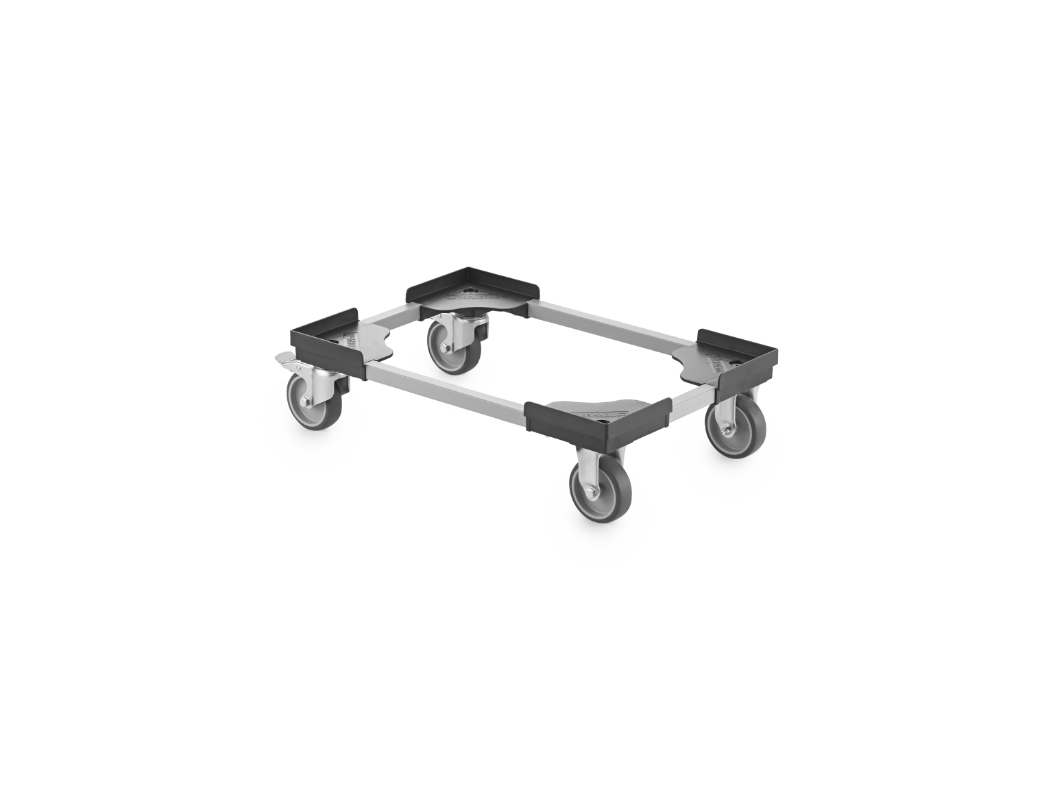 A rectangular transport trolley with four swiveling wheels is displayed. The trolley features a metal frame, designed for stability and mobility, set against a plain background.