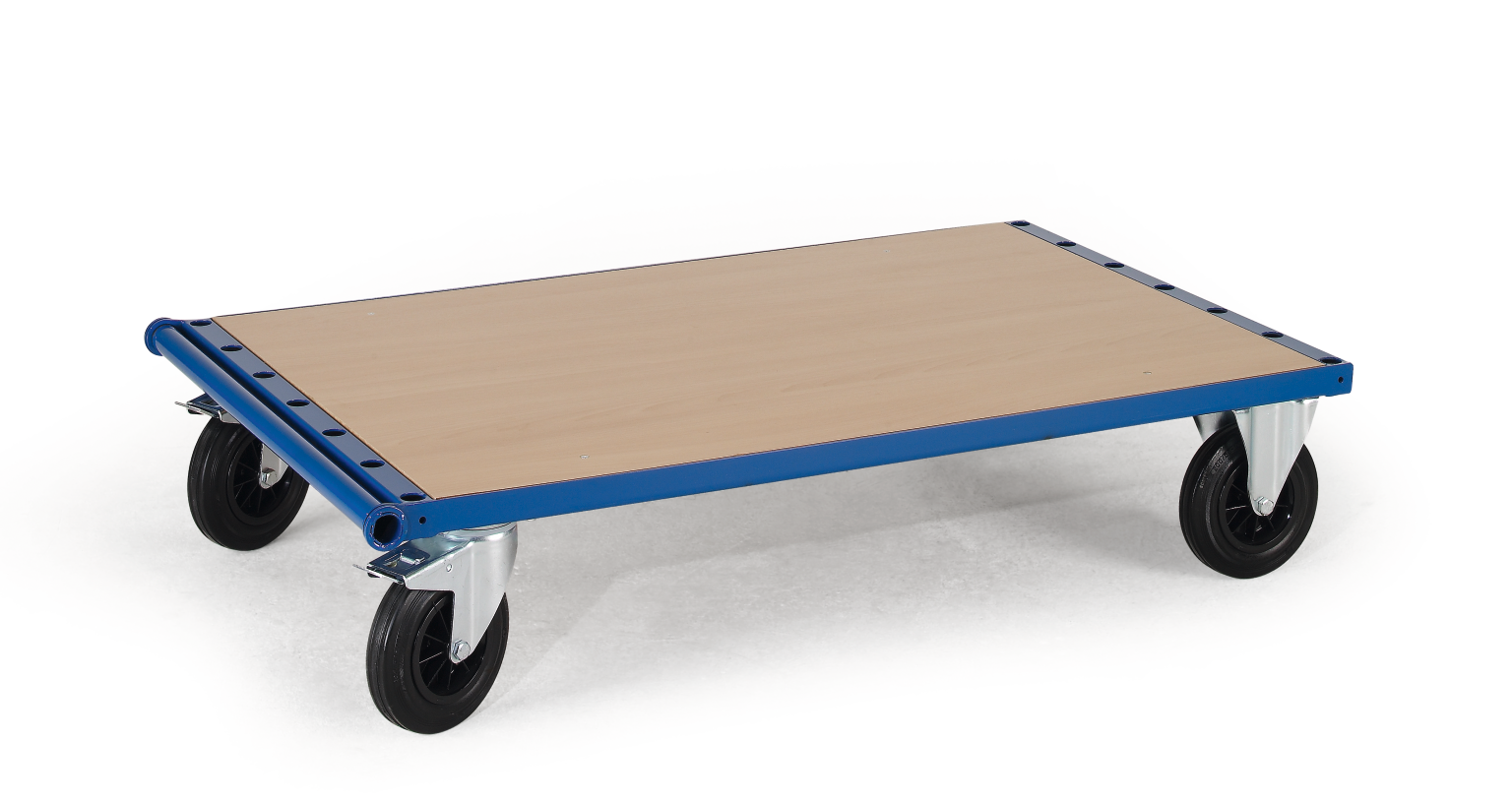 A flat transport trolley with a smooth wooden surface and blue metal frame. It features four large swivel wheels for easy maneuverability. The background is plain and white, emphasizing the trolley-s design.