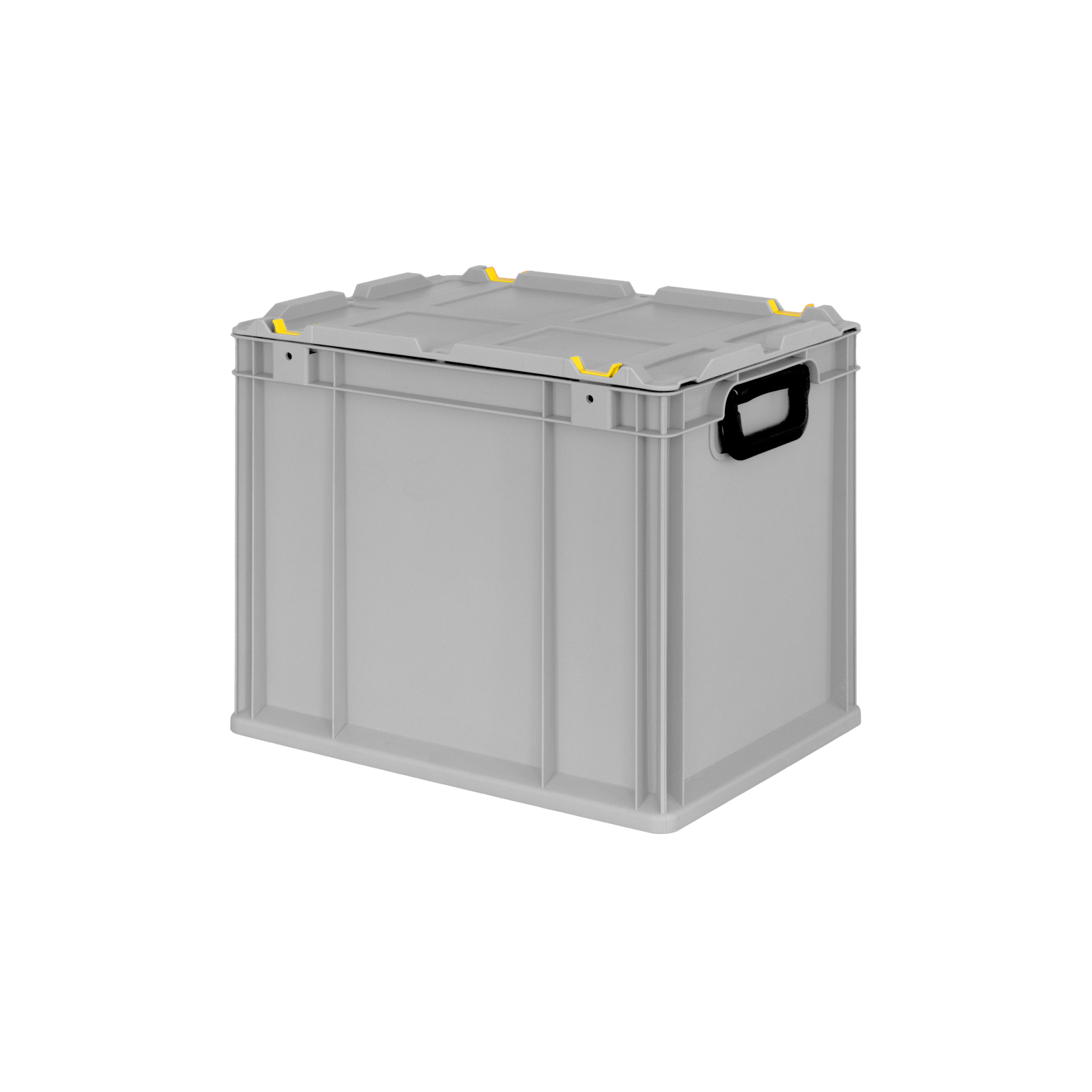 Graue Transportbox mit seitlichem Griff und gelben Clips zur Sicherung des Deckels. Die Box hat eine robuste Bauweise und befindet sich vor einem neutralen, dunklen Hintergrund.