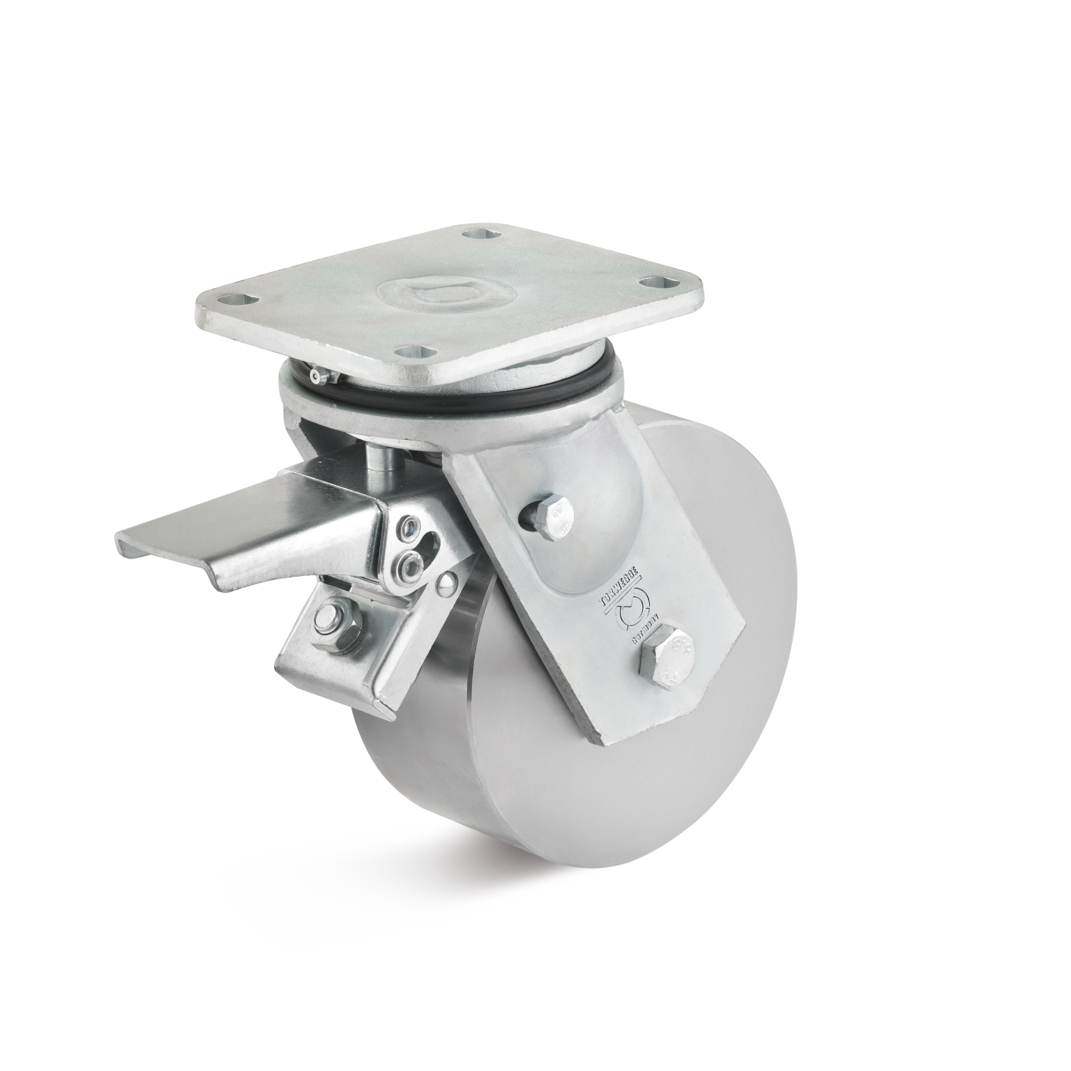 A metallic swivel castor with a round wheel and a mounting plate. It features a brake lever for securing movement and has a shiny, polished finish. The background is plain.