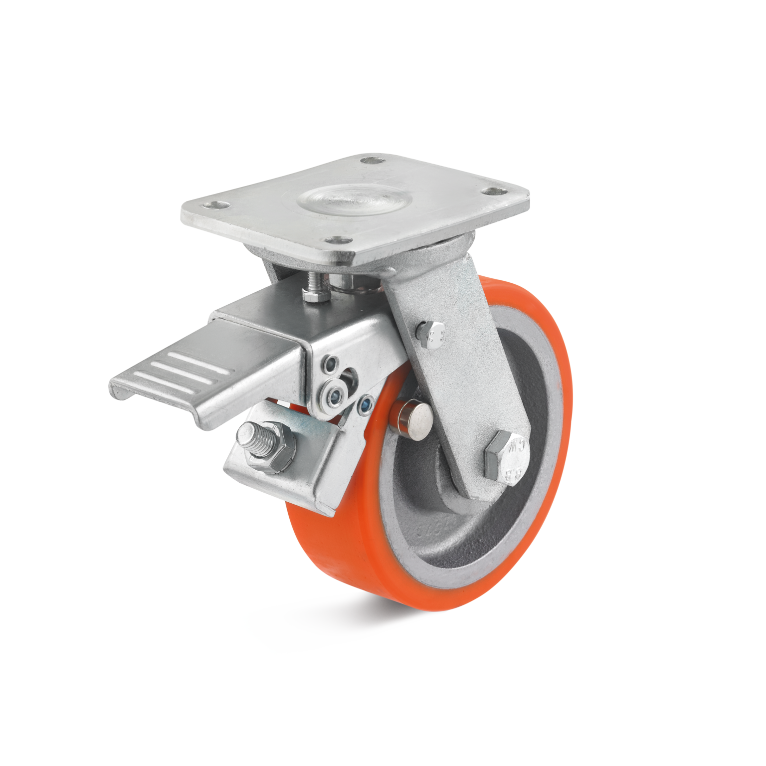 A swivel castor featuring a robust metal mounting plate and a bright orange rubber wheel. It has a locking mechanism and is designed for ease of movement in industrial settings.