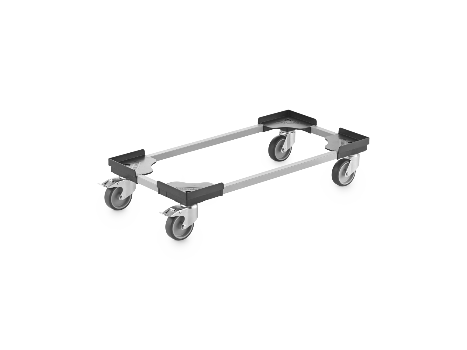 A rectangular transport dolly features a sturdy aluminum frame with four swivel castors at the corners. The castors are mounted on plastic bases, allowing for easy maneuverability.