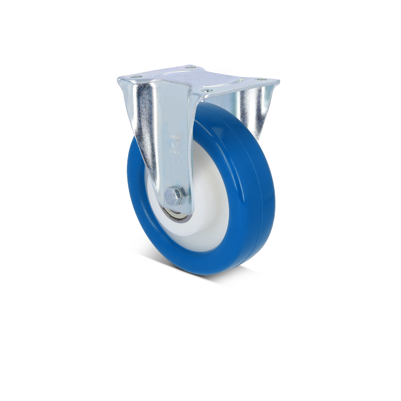 Blaues Rad mit einem weißen Kern und einem verchromten Befestigungsblech. Der Radkranz ist aus einem flexiblen Material gefertigt, ideal für den Einsatz in der Industrie. Der Hintergrund ist schwarz.
