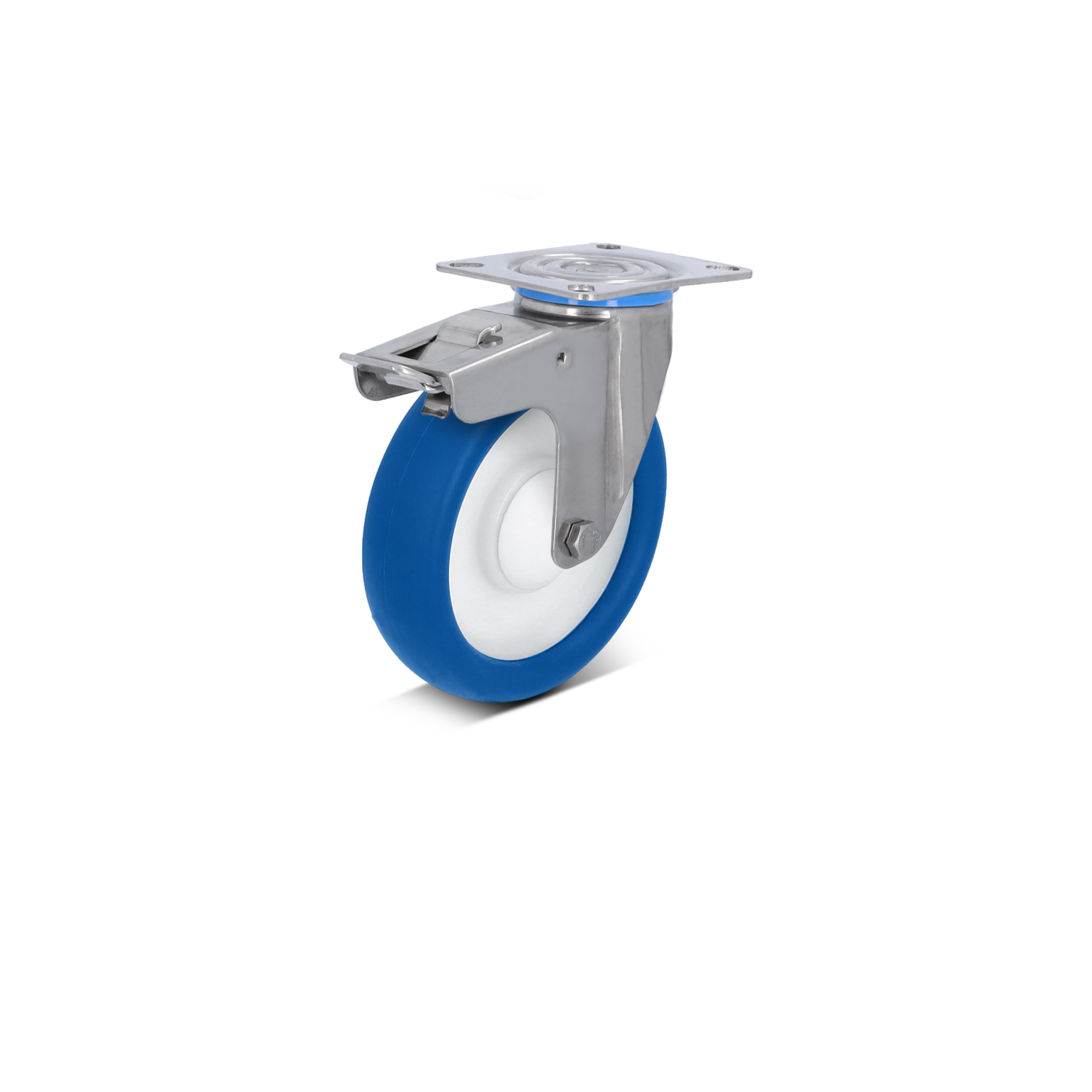 Zwenkwiel met een metalen bevestigingsplaat, voorzien van een blauwe rubberen band en een witte kunststof binnenkant. Het wiel is klaar voor gebruik in industriële toepassingen.