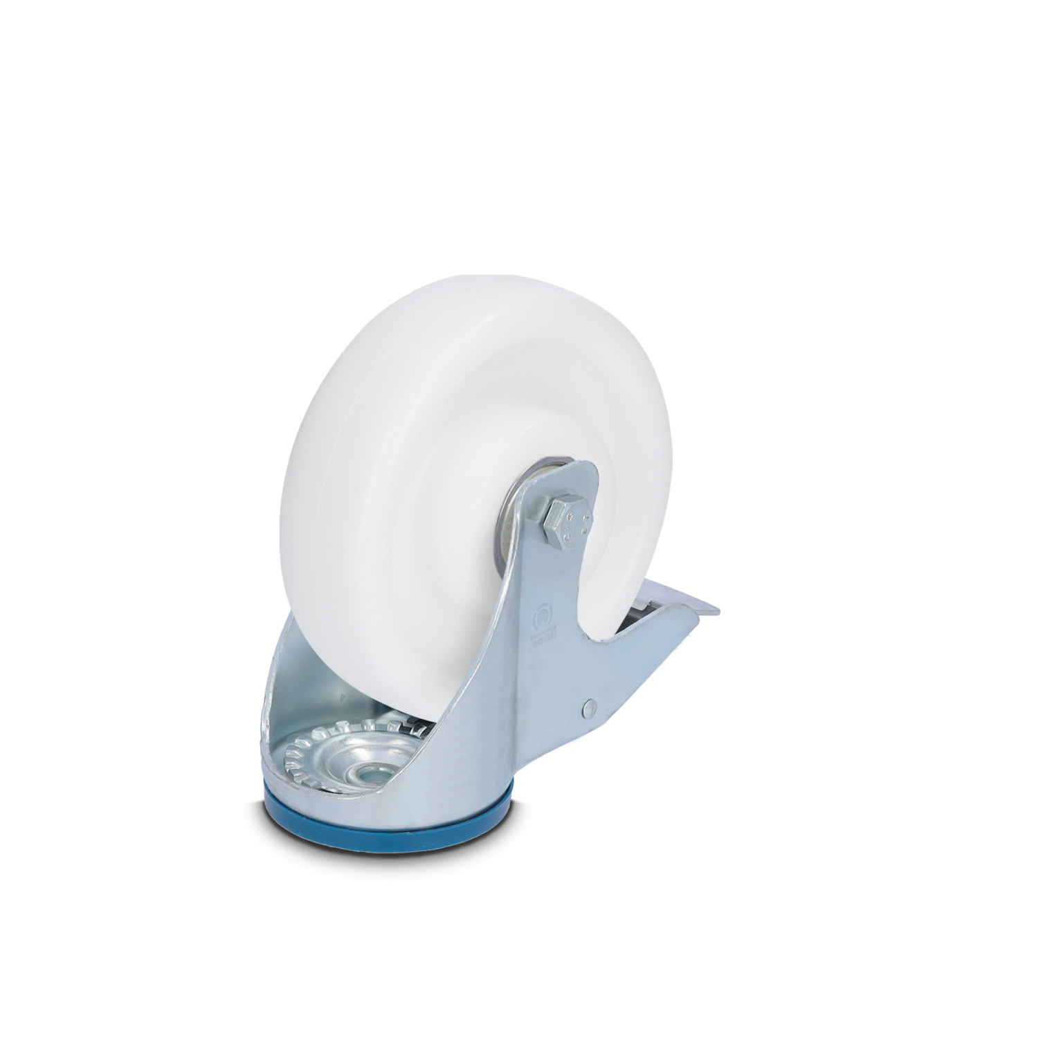 A white industrial wheel is mounted on a metal swivel bracket featuring a blue base. The wheel is designed for smooth movement and stability in various applications, with a shiny finish reflecting light.