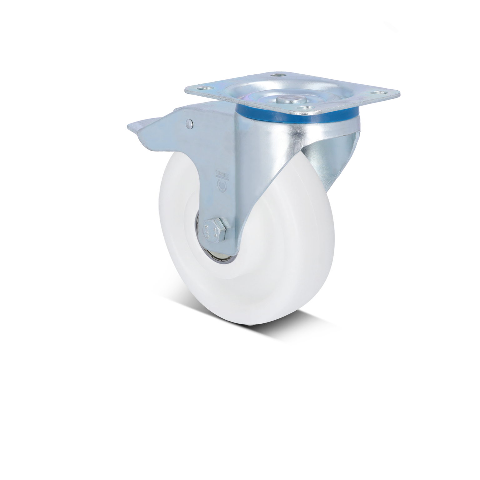 A swivel castor wheel features a sturdy metal mounting plate with a shiny metallic finish and a white plastic wheel. It is positioned for potential use in material handling applications.
