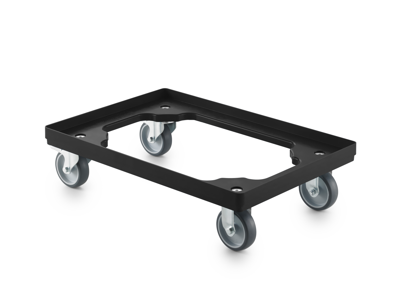 Zwarte transportkar met vier zwenkwielen. Het frame is rechthoekig en biedt ondersteuning voor het verplaatsen van goederen. De wielen zijn van lichtgrijs kunststof, geschikt voor diverse oppervlakken.