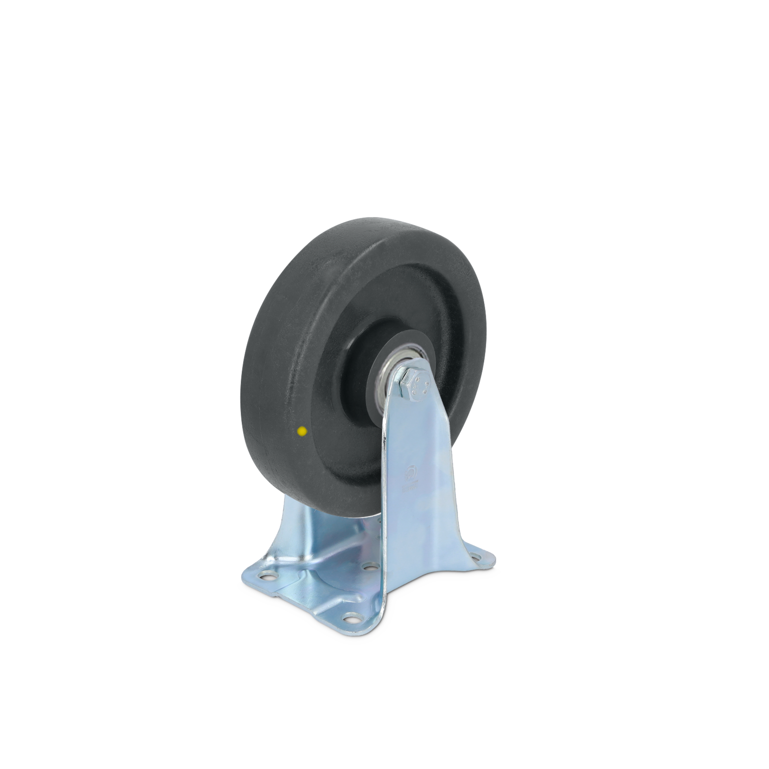 Zwart rubberen wiel op een metalen montageplaat, met een bevestigingsbeugel. Het wiel is ontworpen voor gebruik in intralogistiek en materiaalhandling. De achtergrond is effen.