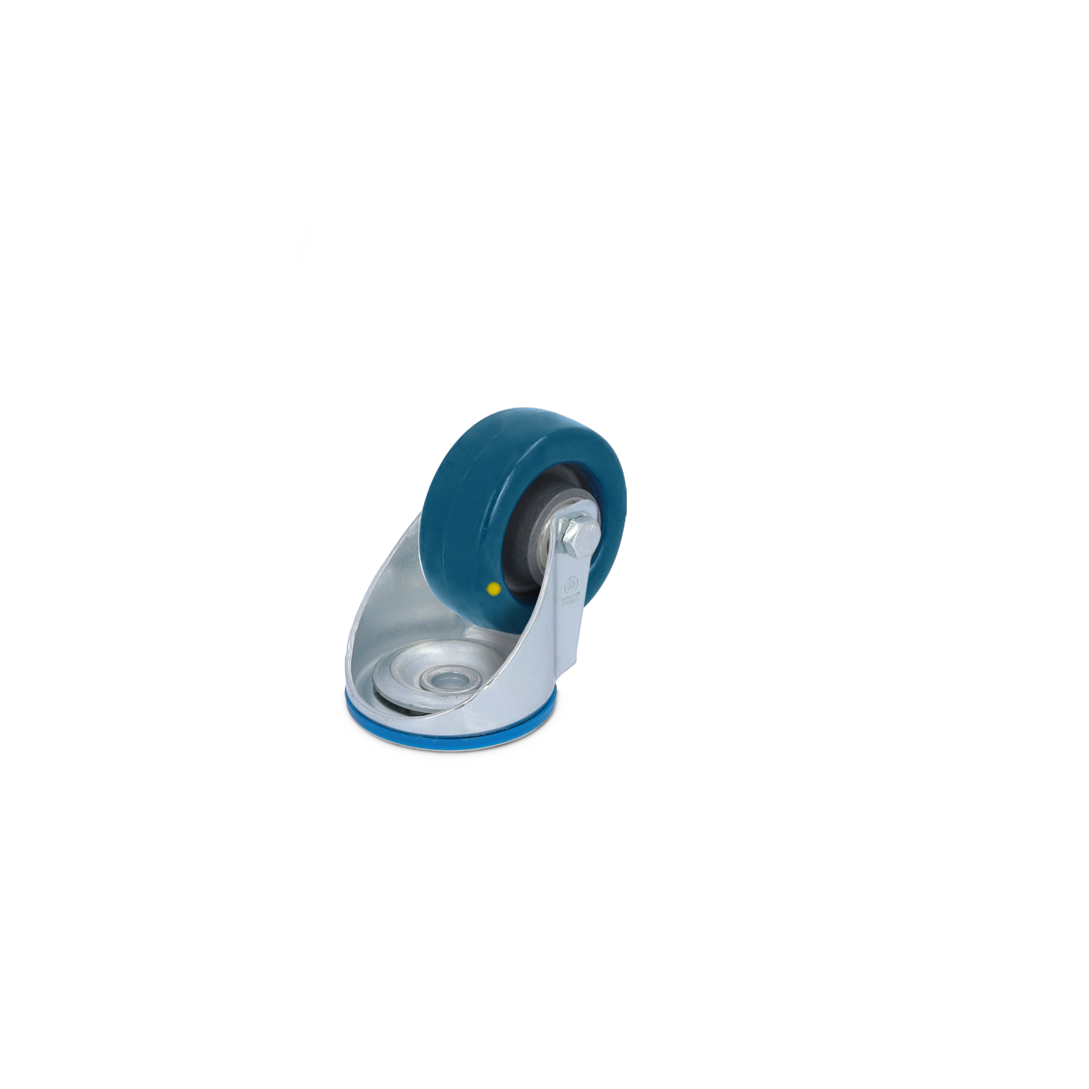 Zwenkwiel met een blauwe rubberen band en metalen montagebeugel. De bevestiging is zichtbaar met een lager aan de binnenkant en een metalen basis. De achtergrond is leeg en neutraal.