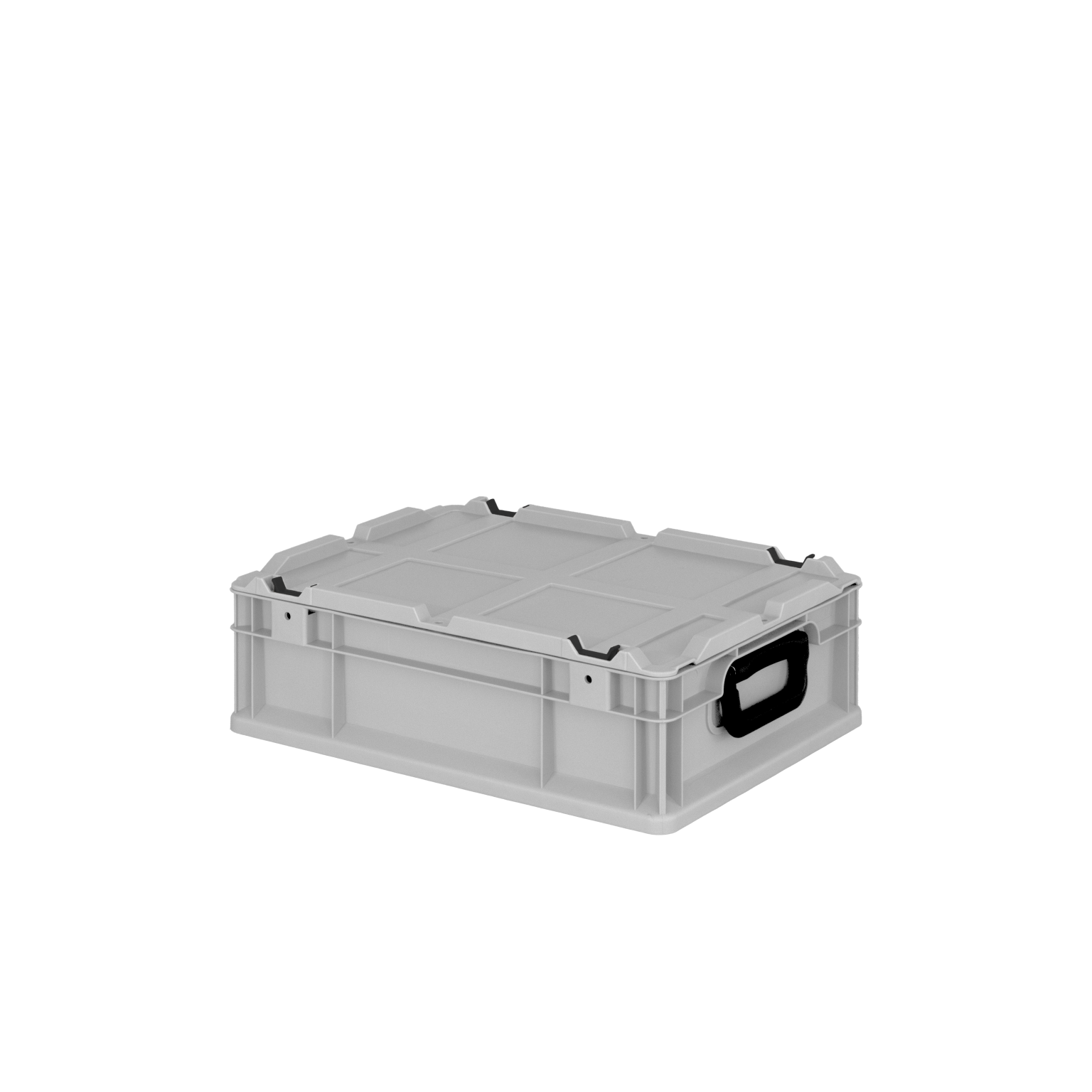 Transparente Kunststoffbox mit stabilen Seiten und Deckel, ausgestattet mit seitlichem Griff und Verschlüssen. Sie steht flach und hebt sich vor einem schwarzen Hintergrund ab.