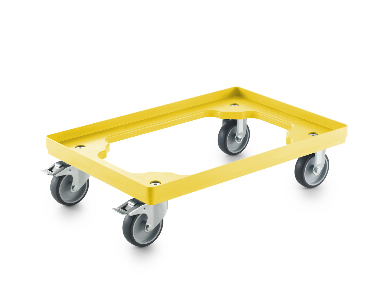 A yellow transport trolley features a rectangular platform with a raised edge. It is equipped with four swivel castors, allowing for easy movement in an industrial setting.