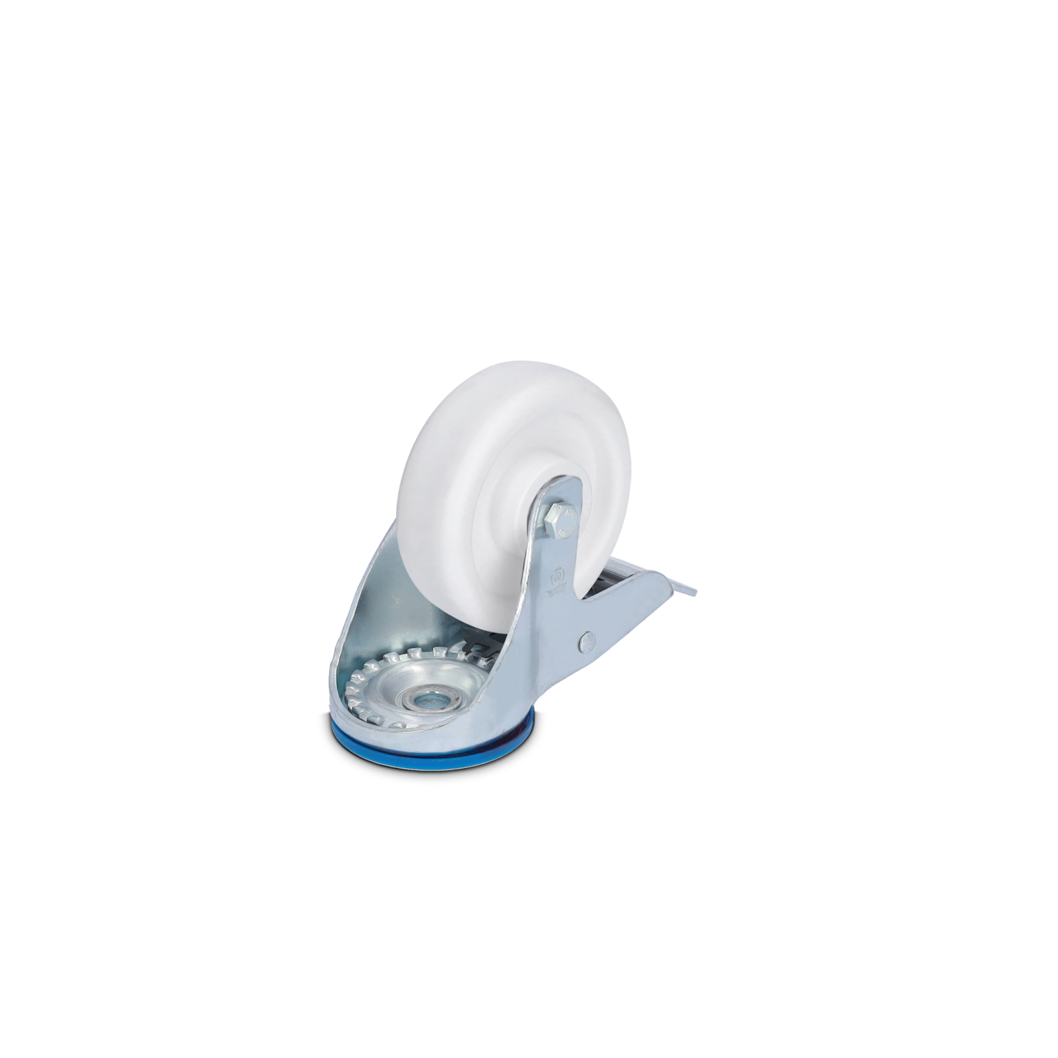 A white plastic wheel is mounted on a metal bracket, showcasing a swivel design. The wheel includes a steel internal section and is positioned on a flat surface, suitable for various material handling applications.