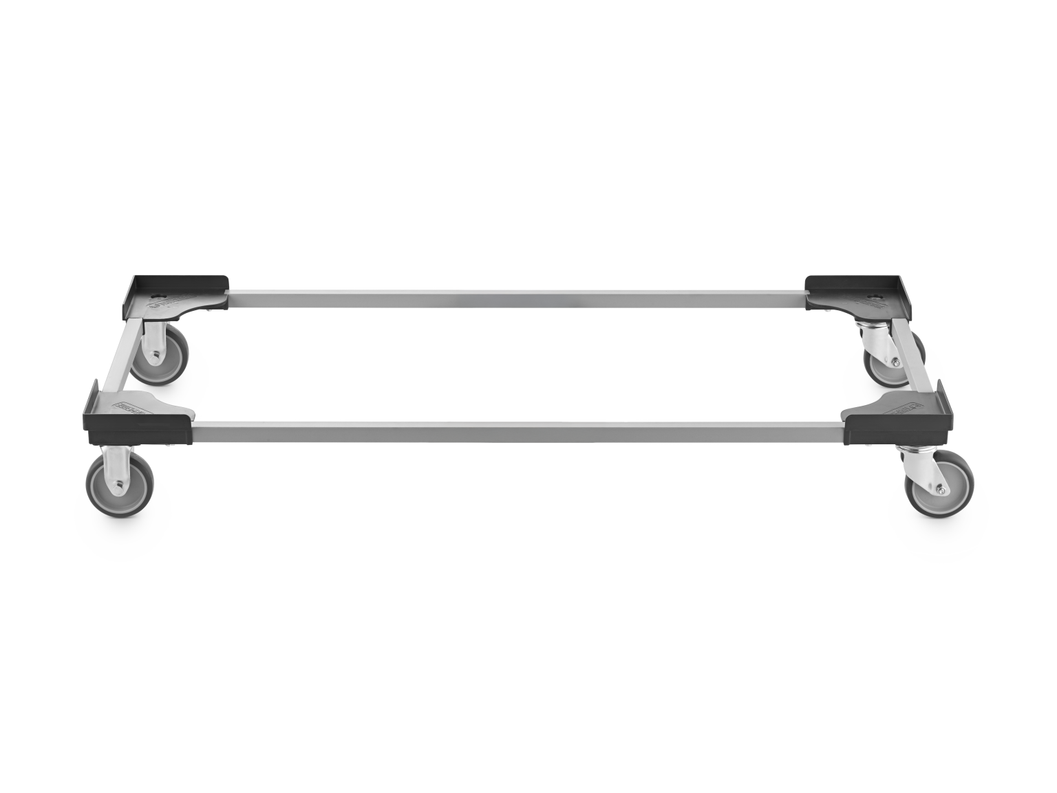A transport trolley features a rectangular frame with four swivel castors. It appears sturdy, constructed from metal, with rubber wheels for easy maneuverability on smooth surfaces. The background is plain.