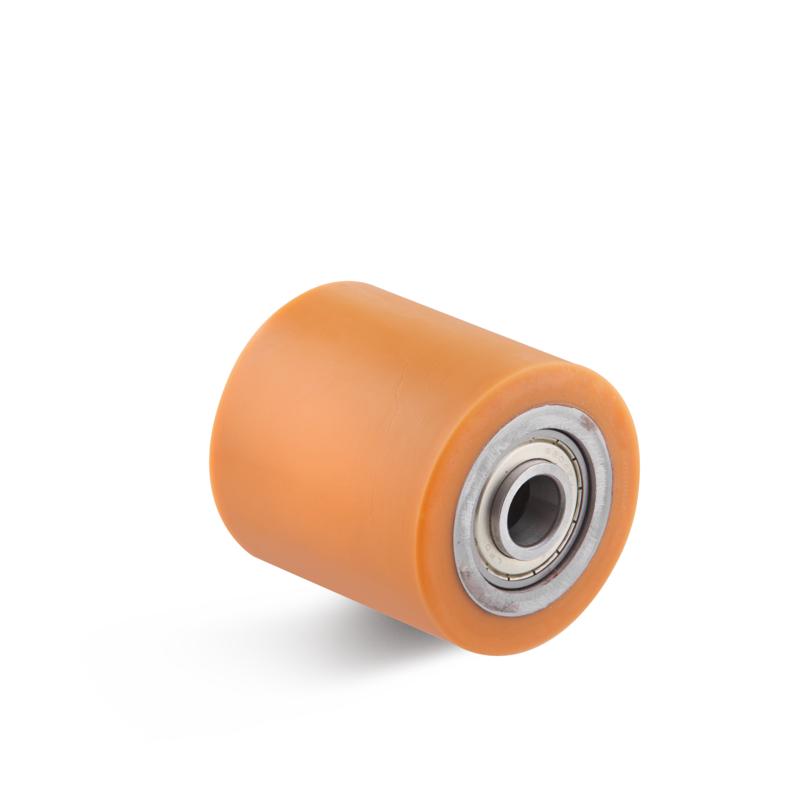 Oranje wiel met een metalen lager aan de binnenkant. Het wiel heeft een gladde, ronde vorm en staat schuin geplaatst, tegen een neutrale achtergrond.