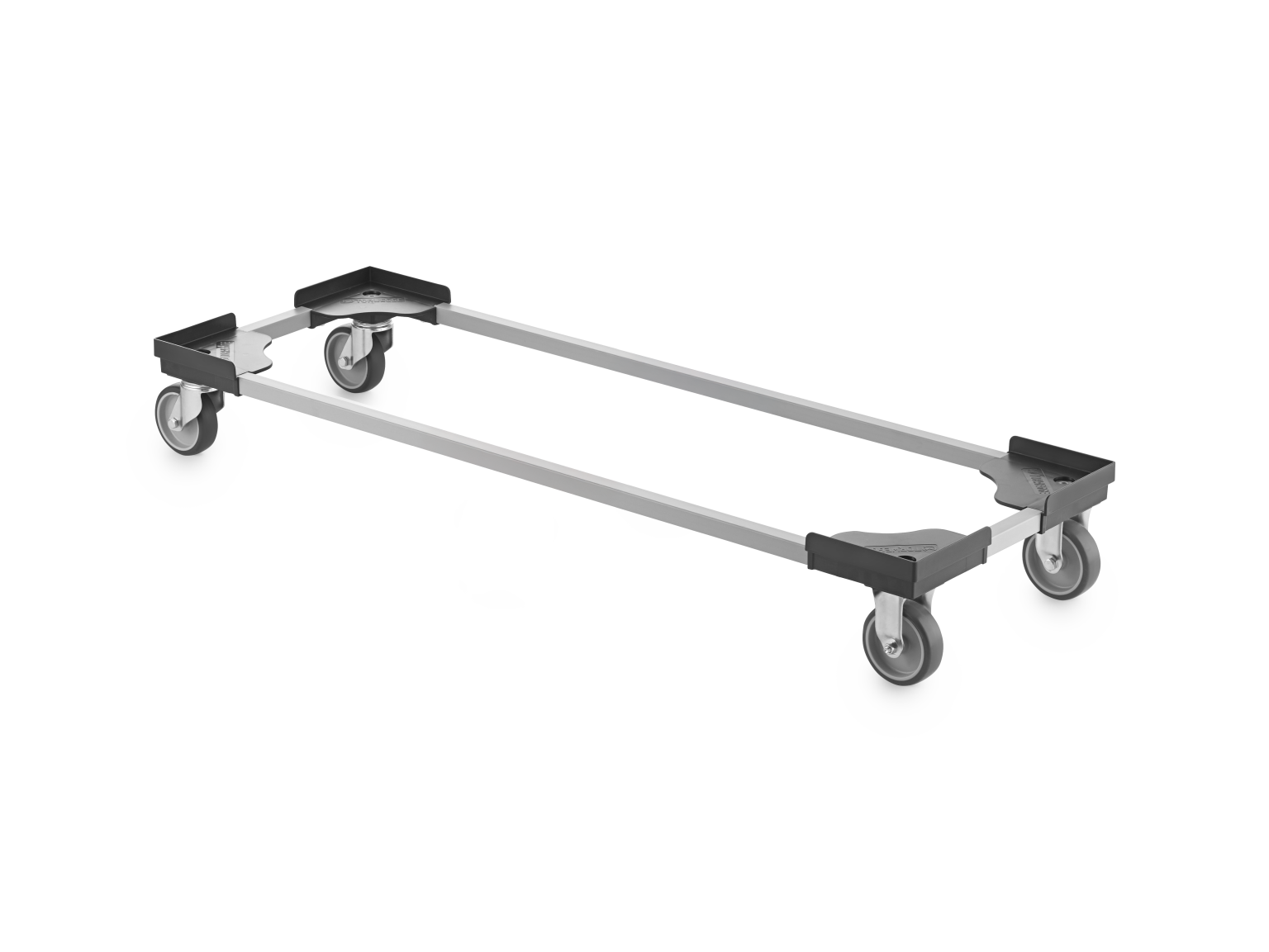 A rectangular transport trolley frame with four swivel castors is shown. The frame is made of metal, with two corner mounts at each end, designed for easy mobility in an industrial setting.