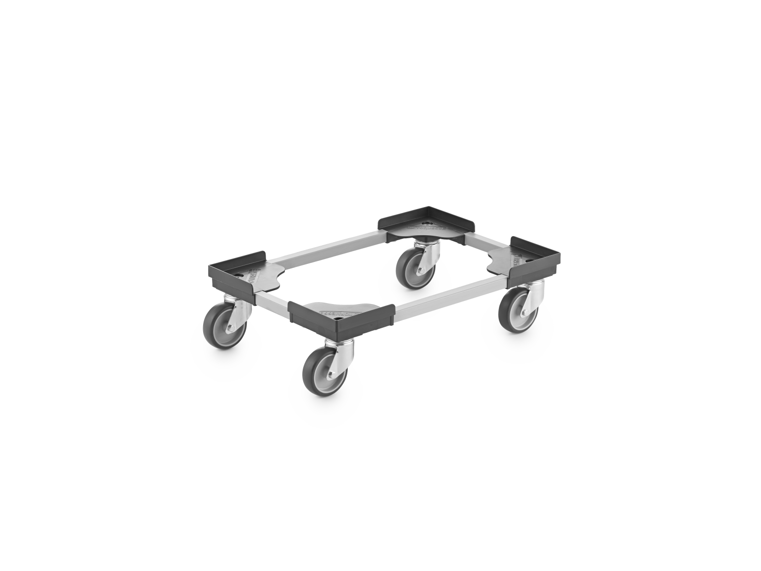A transport trolley features a rectangular metal frame with rounded edges, mounted on four swivel casters. It is designed for easy mobility of items in industrial settings, set against a blank background.