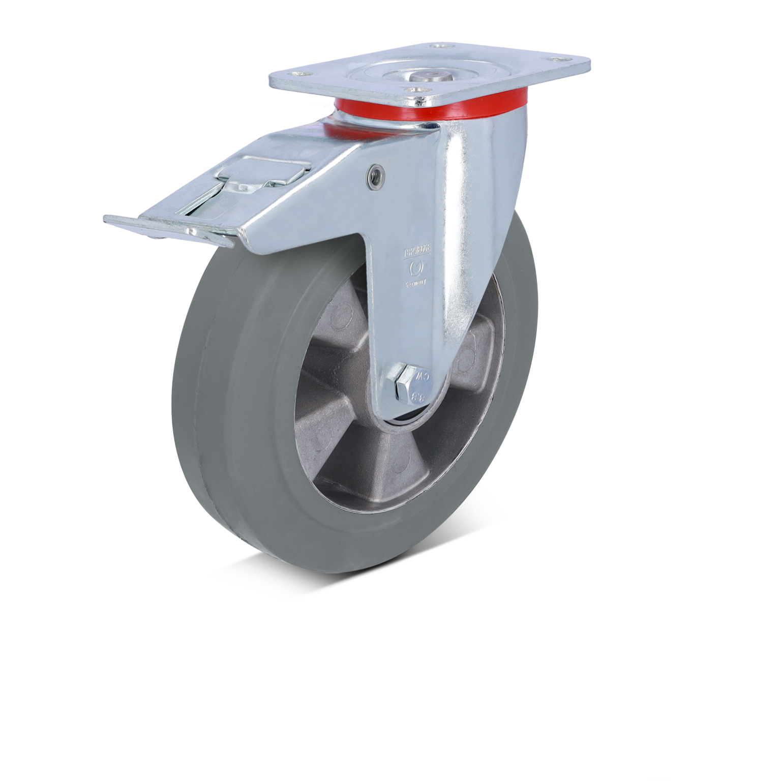 Ein industriewagen Rad mit einer grauen Gummirolle, einer silbernen Metallhalterung und einer rechteckigen Montageplatte. Es ist aufrecht positioniert, um den Benutzer das Bewegen von Lasten zu erleichtern.