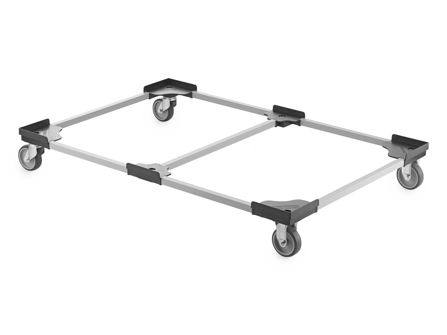 A transport trolley with a rectangular metal frame is equipped with four swivel castors. Each corner features a rubber mounting plate, allowing for easy mobility in an industrial environment.