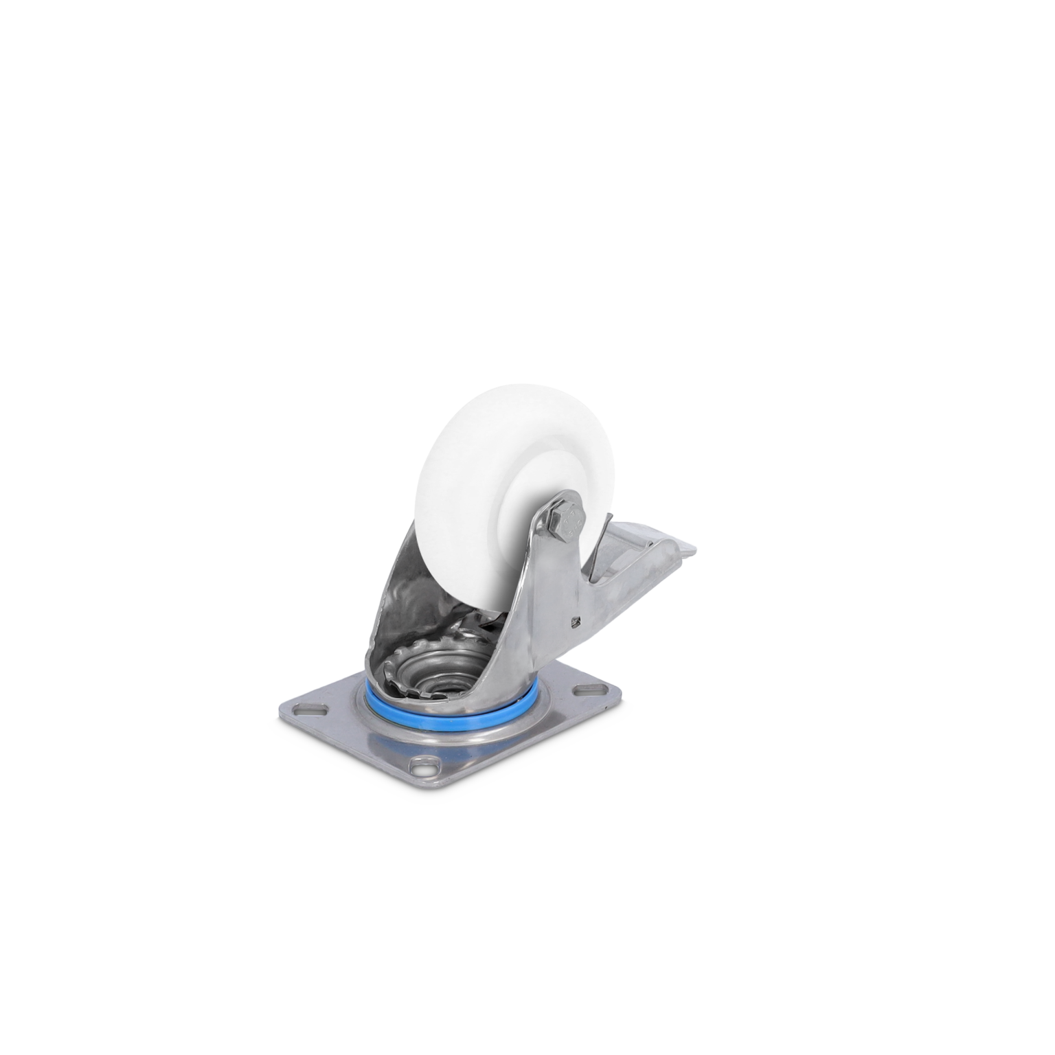 A metal swivel castor features a white wheel and is mounted on a square base plate. The wheel shows a blue sealing ring, set against a minimalist background.
