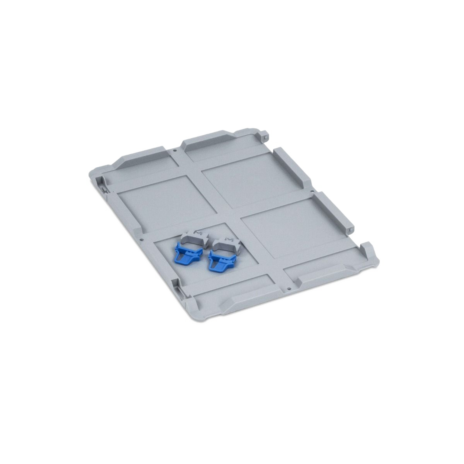 A gray plastic base plate features two blue locking clips positioned in the center. The plate has molded sections and is set against a neutral background, indicating its use in modular assembly or storage solutions.