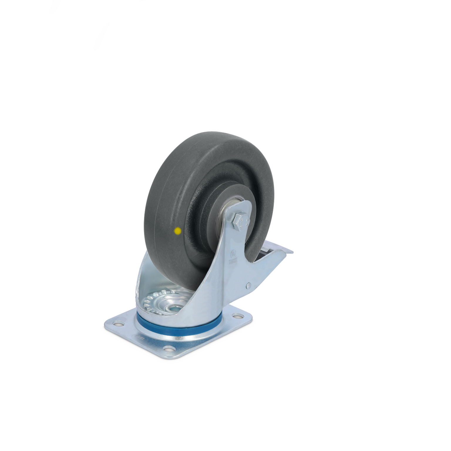 A gray rubber wheel mounted on a metal swivel plate with a blue accent ring. The assembly includes a bearing at the base. It appears isolated against a contrasting background.