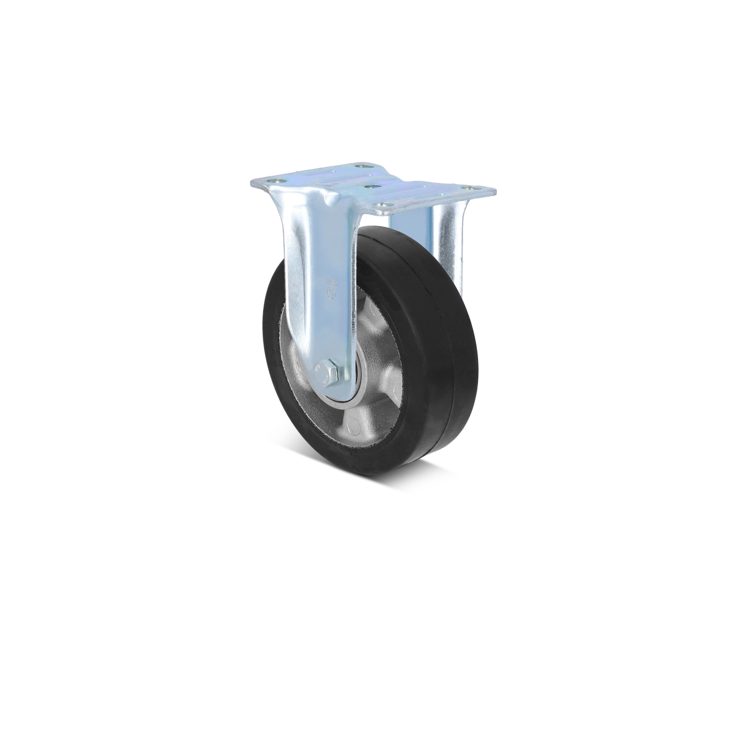 Ein industrieller Rad, gefertigt aus Gummi mit einer Metallachse und einer montierten Halterung. Es ist aufrecht positioniert und zeigt eine klare, glatte Oberfläche. Ideal für Materialtransport.