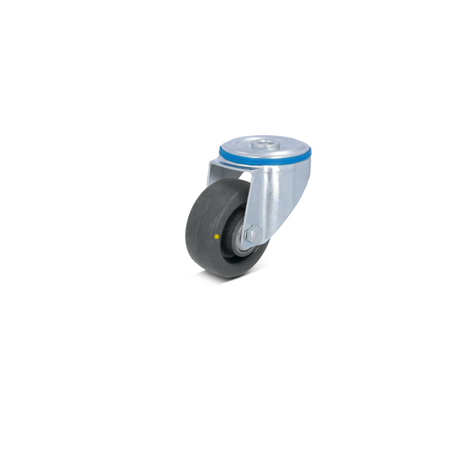 Zwart rubberen wiel met een metalen bevestigingsplaat, dat voorzien is van een blauwe rand. Het is eenvoudig te bevestigen, bedoeld voor gebruik in transporttoepassingen binnen de industrie.