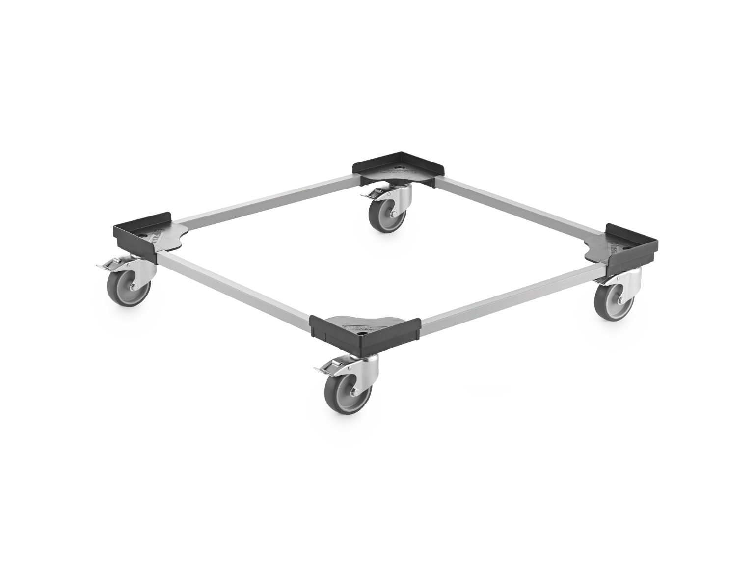 A square transport trolley features a metal frame with four caster wheels. The structure is designed for easy movement, showing a robust design suitable for industrial use, set against a blank background.
