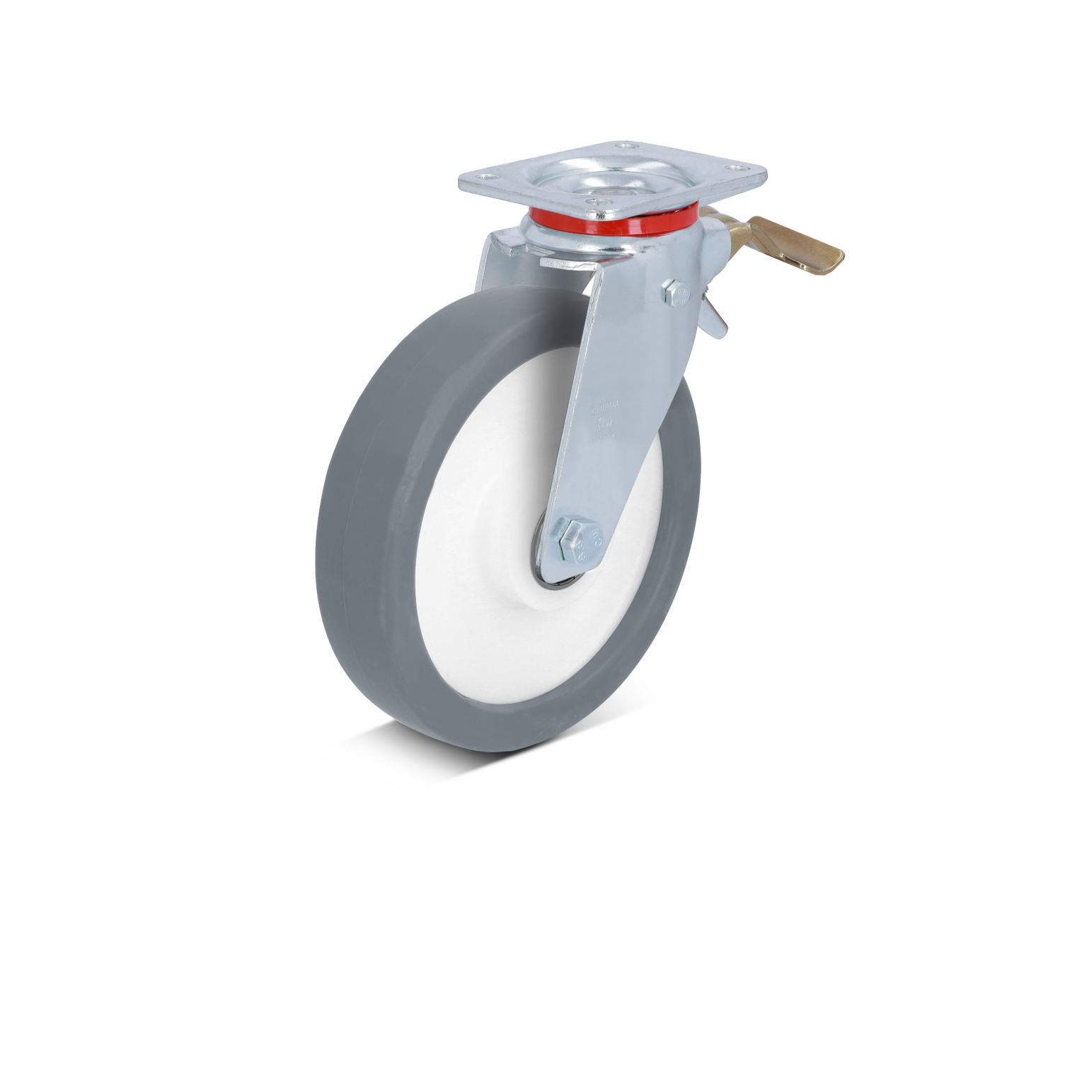A grey rubber swivel castor with a white wheel is attached to a metal mounting plate. It features a brake lever on the side, suitable for industrial applications. The background is blank.