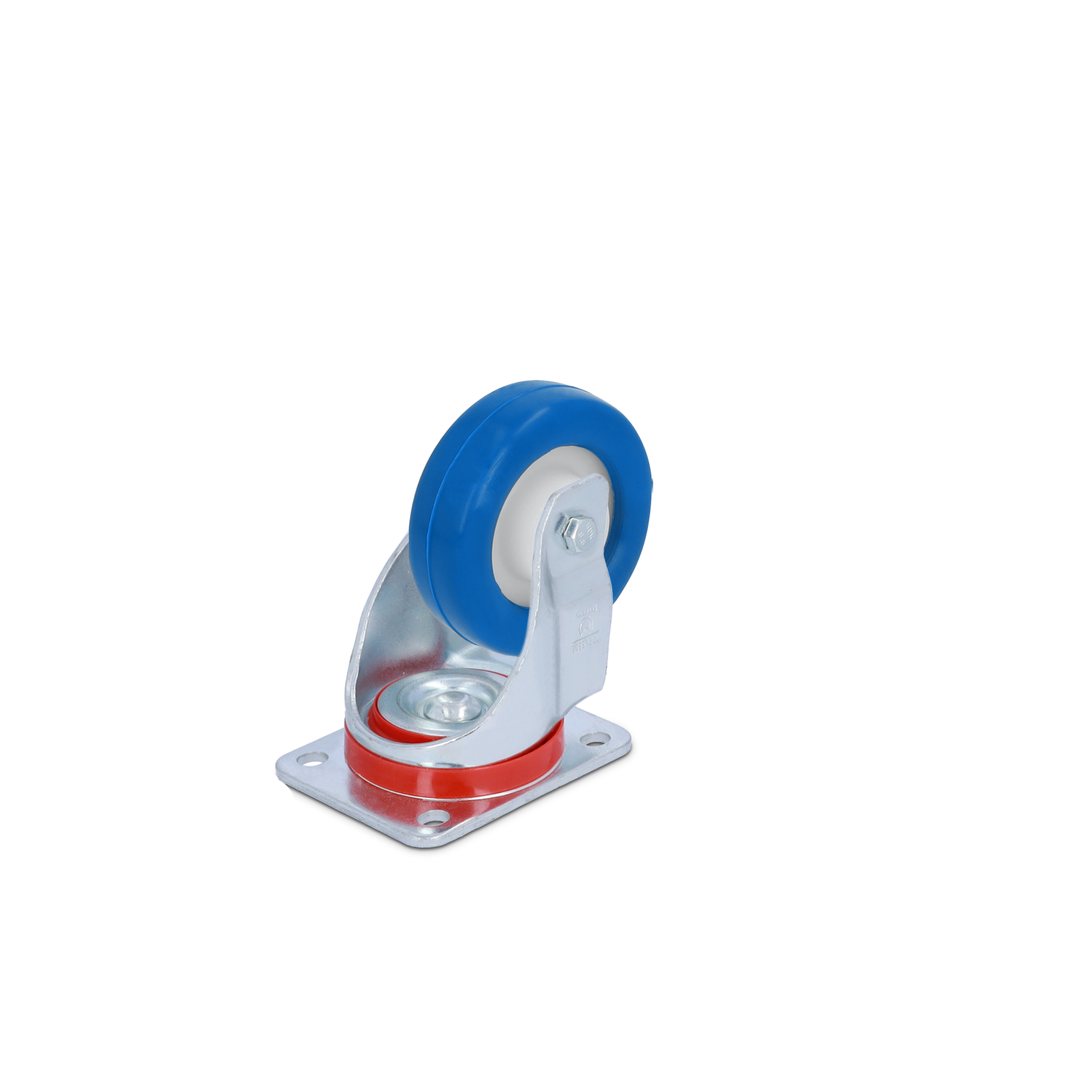 A blue rubber wheel is mounted on a silver metal bracket with a red rubber ring base. It features a pivoting caster design, ideal for use in material handling applications.