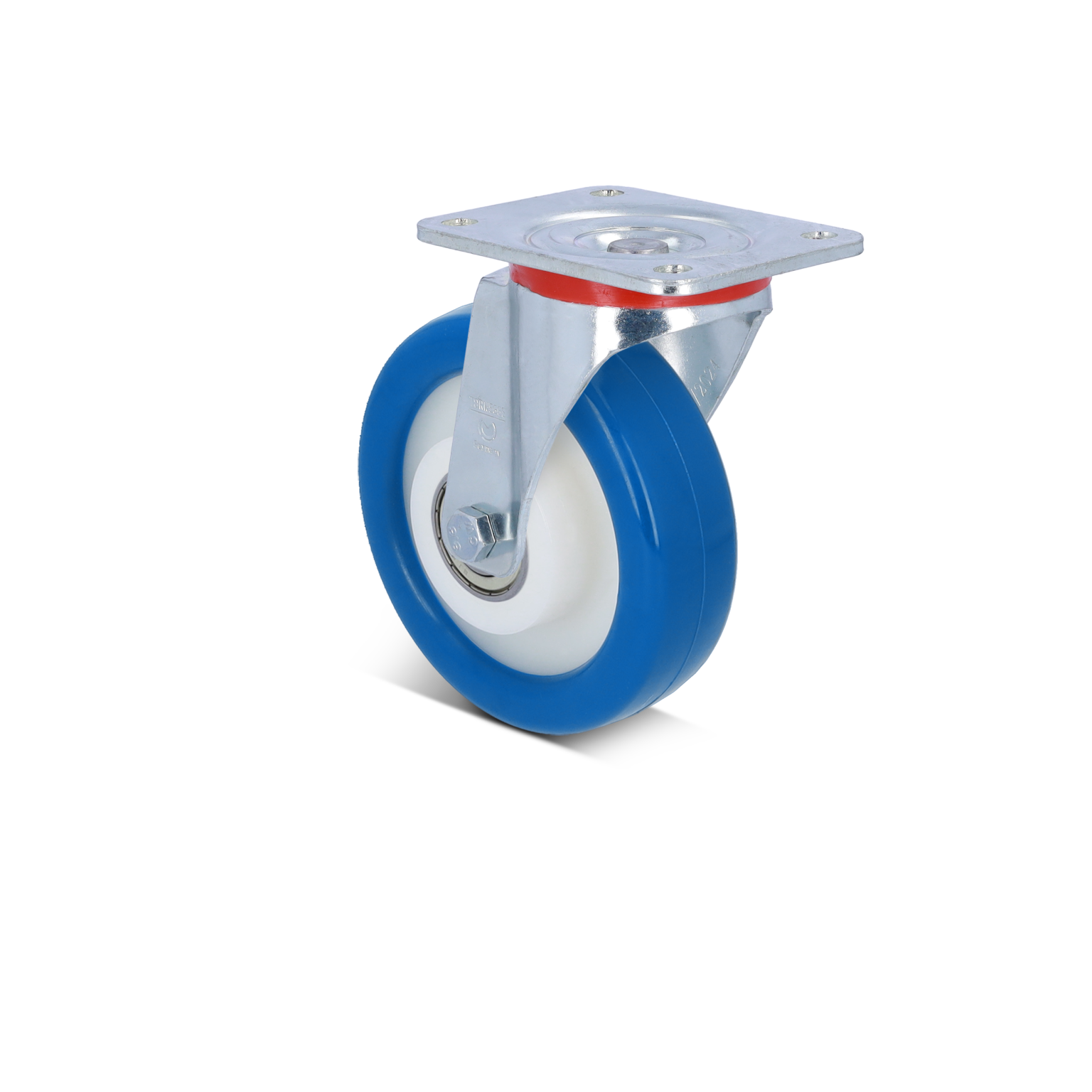 Een industriële wiel met een blauwe rubberen band en een witte kern, bevestigd aan een metalen montageplaat. Het is geconfigureerd voor gebruik in transporttoepassingen, met een blanke achtergrond.