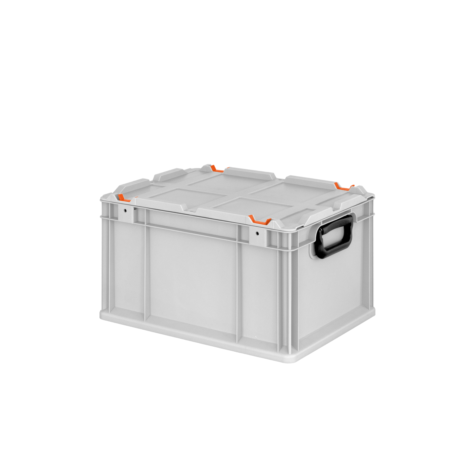 A gray plastic storage box features a sturdy design with two black handles and orange accents. It-s positioned on a neutral background, emphasizing its functionality for organizational purposes.