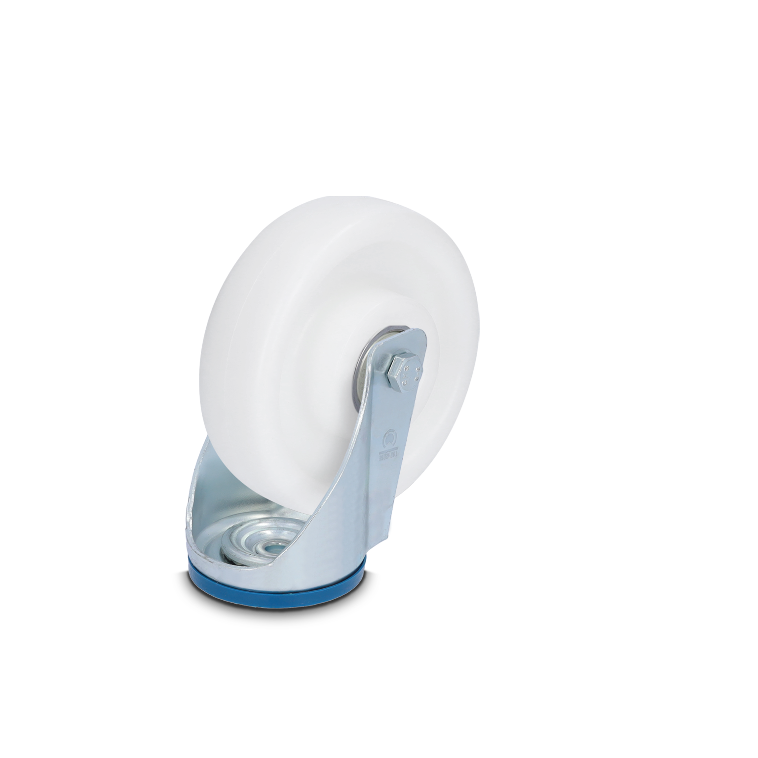 A white industrial wheel is mounted on a silver metal bracket. The wheel is smooth and circular, with a visible axle, positioned to the right over a blue base. The background is blank.