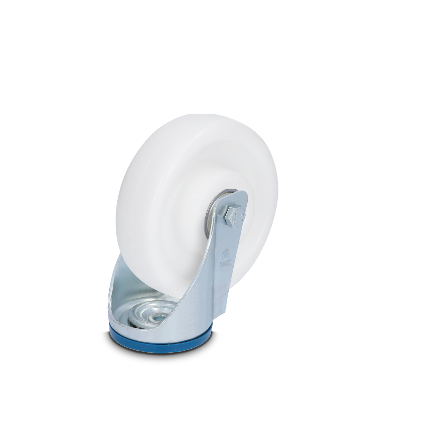 A white industrial wheel is mounted on a silver metal bracket. The wheel is smooth and circular, with a visible axle, positioned to the right over a blue base. The background is blank.