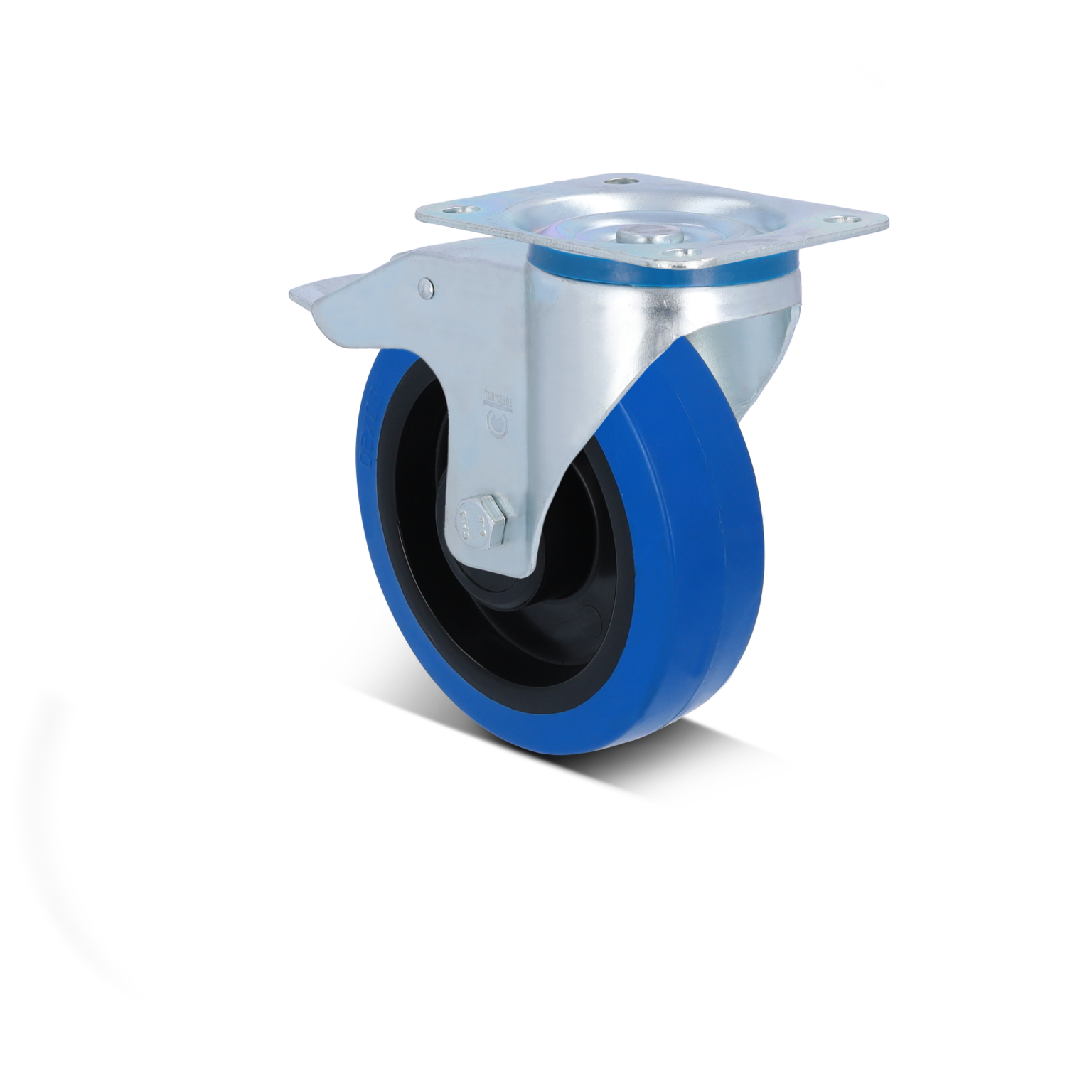 Ein blauer Industrieroller mit einer metallischen Halterung. Der Roller ist aus einer Kombination von Gummi und Kunststoff gefertigt und besitzt eine stabile Montageplatte für die Befestigung in verschiedenen Anwendungen.