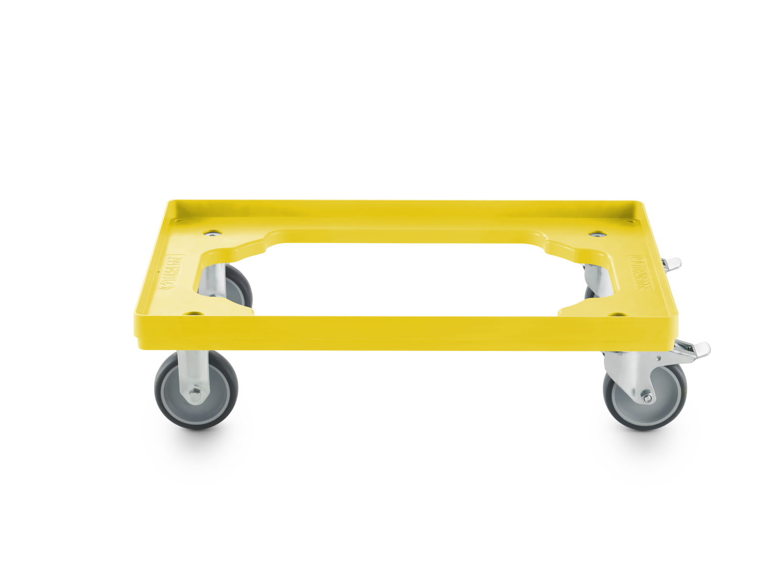 A yellow transport trolley with a flat, rectangular plastic top features four caster wheels underneath. The design includes cut-out handles for easy maneuverability, positioned on a neutral background.