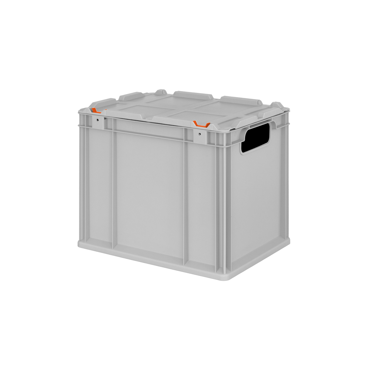 Kunststoffbox mit einem grau-weißen Körper und orangefarbigen Clips. Sie hat seitliche Grifföffnungen und einen stabilen Deckel. Der Hintergrund ist einfarbig schwarz.