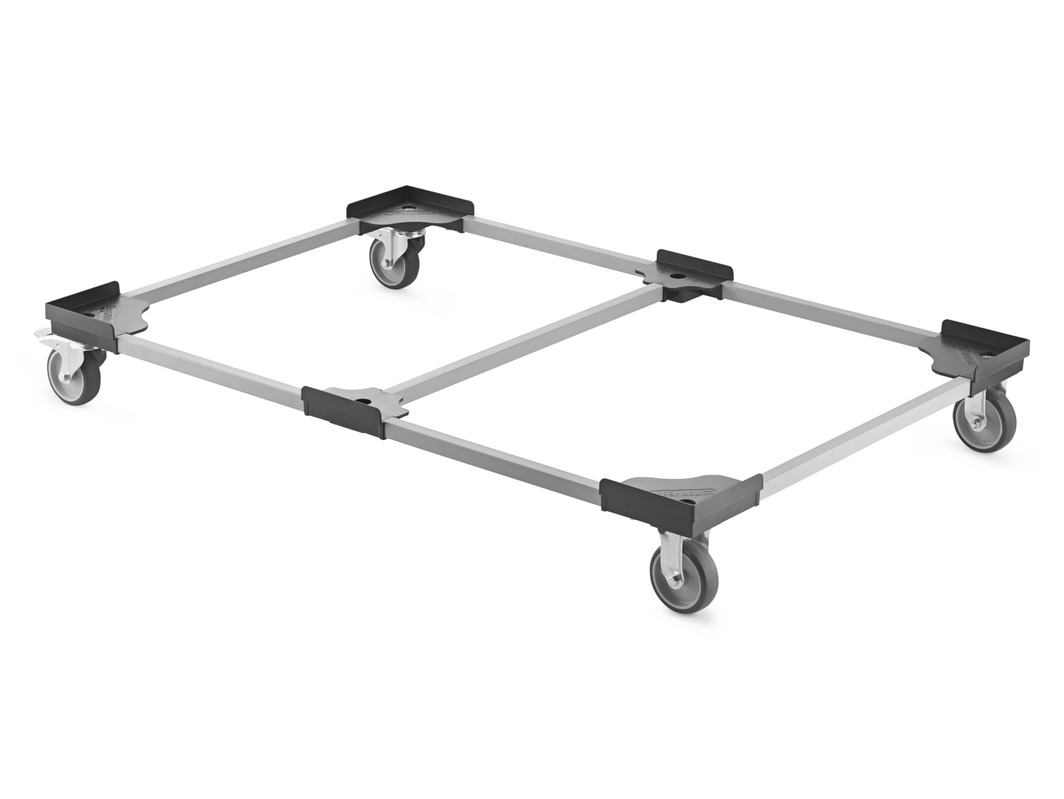 A rectangular transport trolley frame with four swivel castors at each corner. The frame is made of metal with plastic corner attachments, positioned on a plain background for visibility.