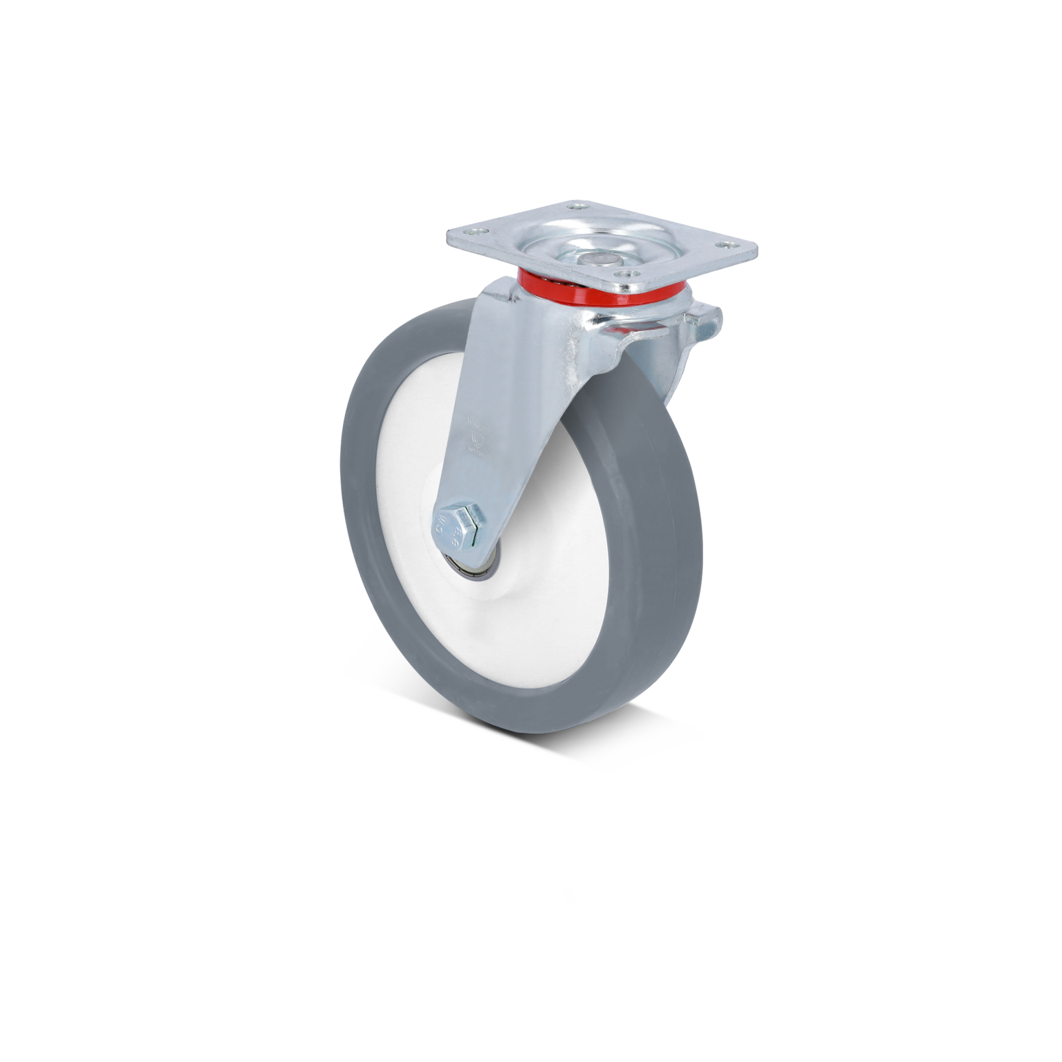 A gray industrial wheel with a white center is mounted on a silver metal plate with a red ring. It is designed for maneuverability, likely in a material handling context, against a simple background.