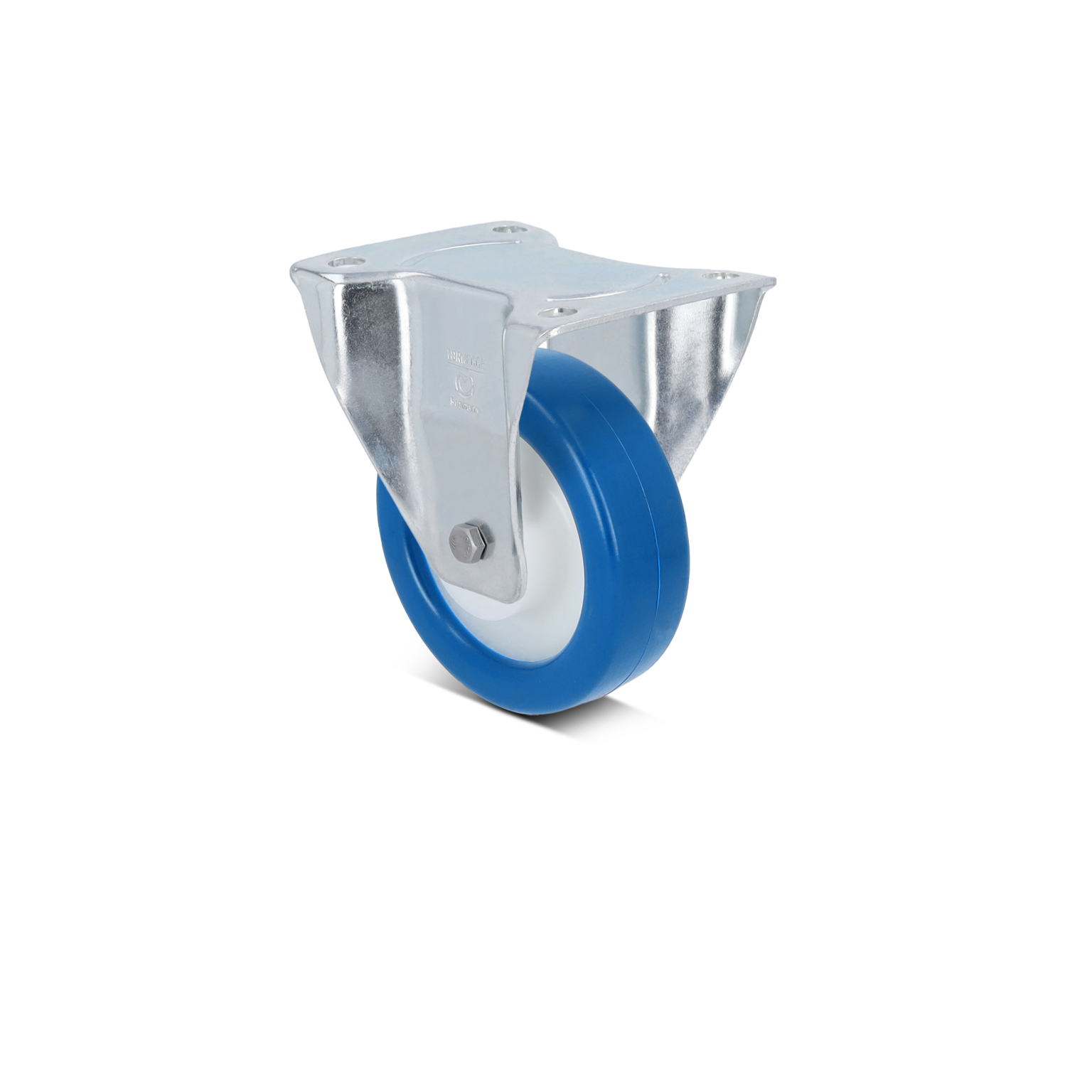 A swivel castor features a blue rubber wheel and a shiny metal mounting plate. The wheel is designed for smooth movement, likely intended for industrial applications in material handling.
