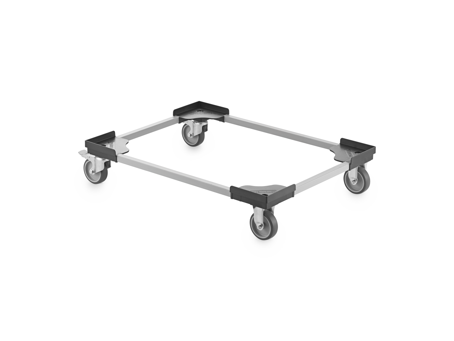 A metal transport dolly features a rectangular frame with four swivel casters at each corner. The design is lightweight and suitable for moving heavy items in an industrial environment.