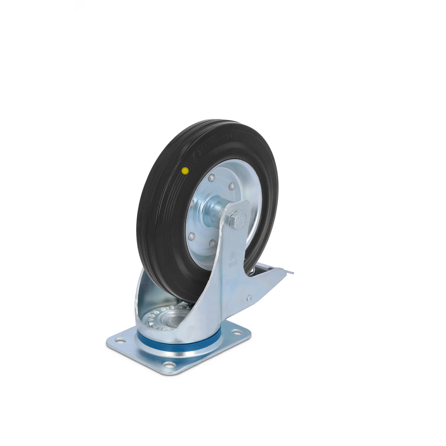 A swivel castor with a solid rubber wheel is mounted on a robust metal plate. The wheel has a shiny silver hub and features a ball bearing system, positioned against a plain background.