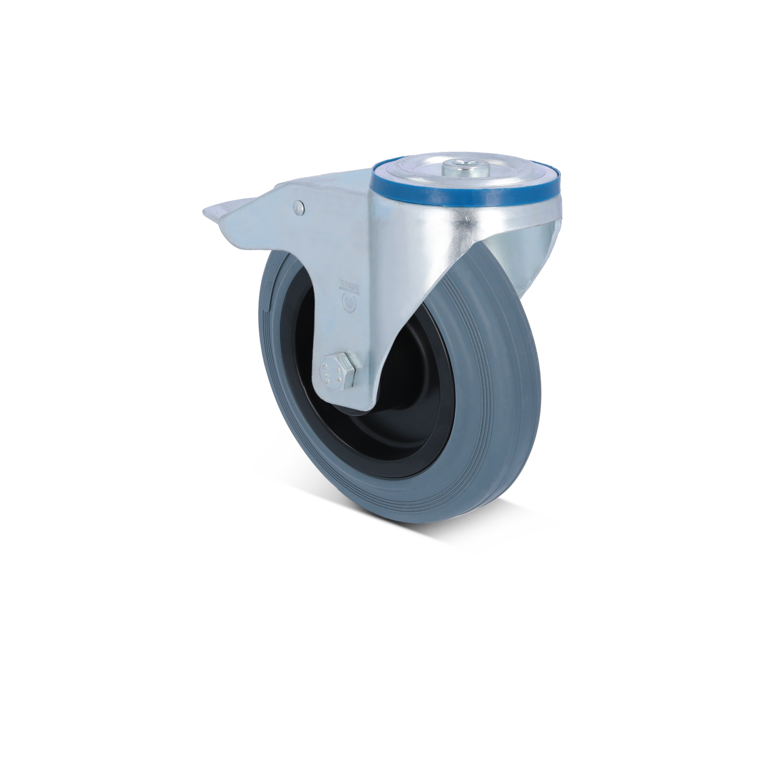 Zwenkwiel met een metalen behuizing en rubberen band. De bevestigingsplaat is zichtbaar en de kleur is voornamelijk grijs met een blauwe rand. De achtergrond is onduidelijk.