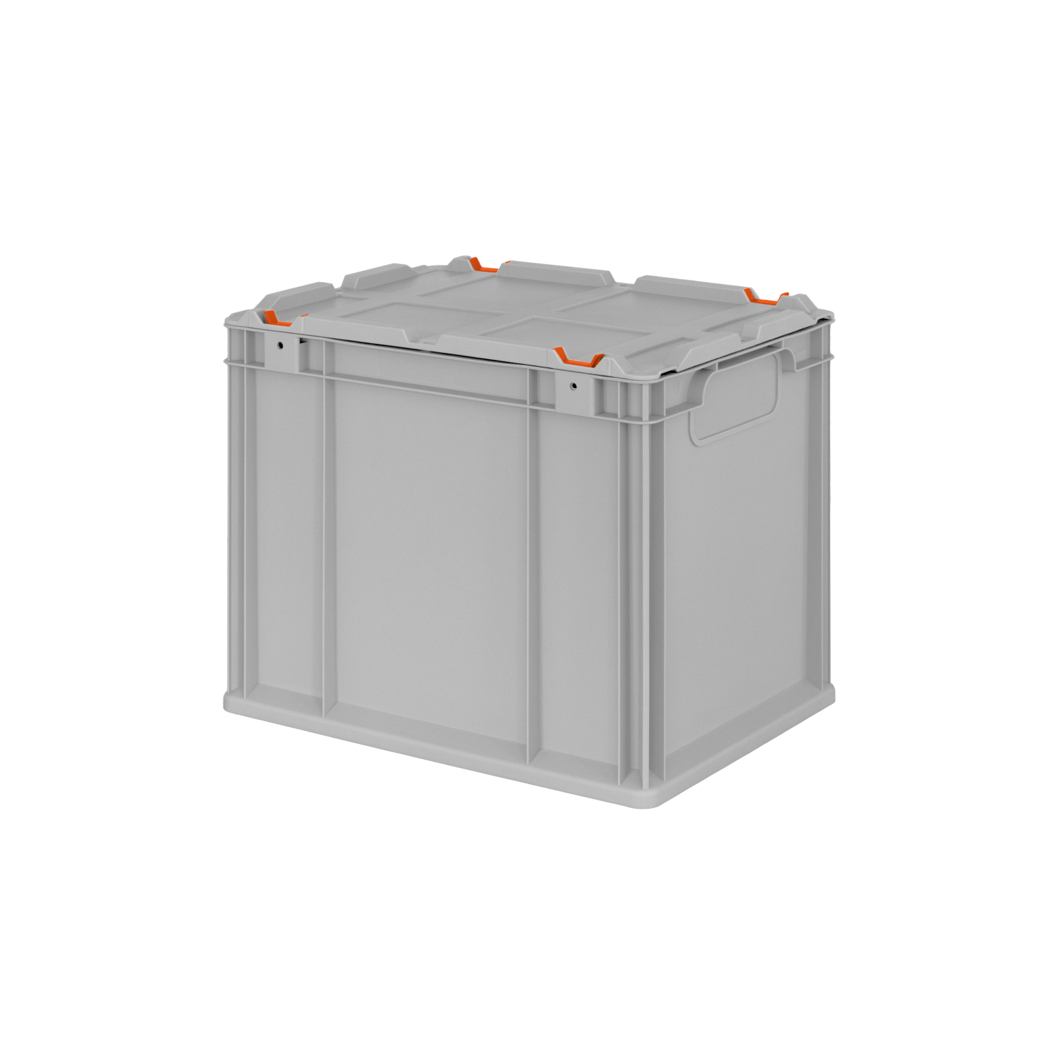Graue Kunststoffbox mit orangefarbenen Verschlüssen auf dem Deckel. Sie ist stabil und quadratisch, geeignet zur Aufbewahrung und Transport in Lagerumgebungen. Es gibt seitliche Griffmulden für ein einfaches Tragen.